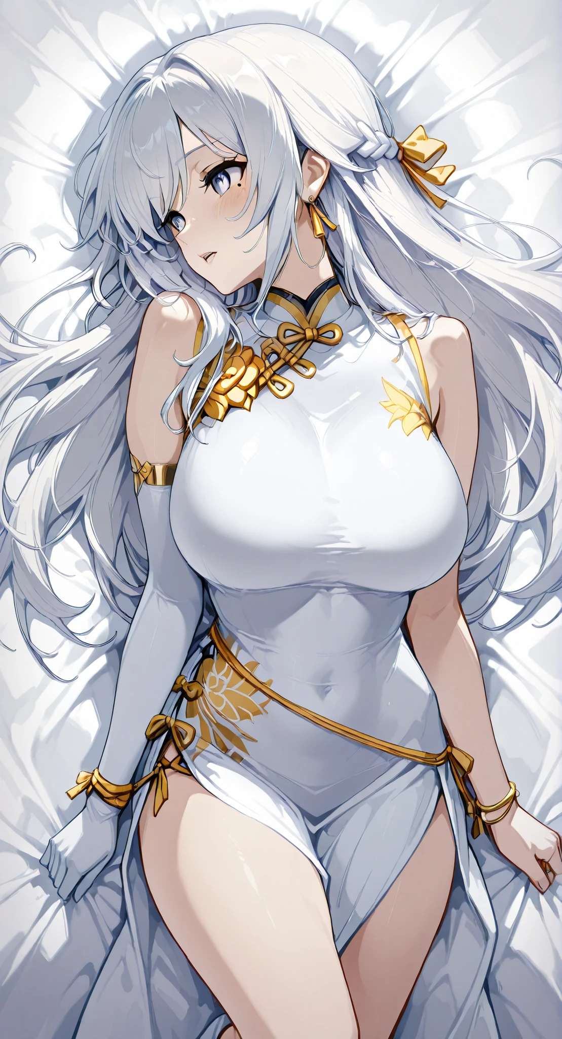 Armlet for left arm、bracelet for right wrist、sleeveless china ,anime girl Picture of a woman with long white hair and a flower in her hair, gray hairの deity, Anime Goddess, gray hairの, gray hairの lady, gray hair, Zodiac knight portrait girl lying on her back with her whole body, Haise Jinyao, Genshin Character、Keking, Full Body Senxia , Pictures of Women with Long White Hair Bound at the Back, Picture of a woman with long white hair, perfect gray hairの girl,large breasts with good shape,thin waist,mole under eye,long gloves,earrings,no background,moist eyes、kind eyes、kind expression、Blush、Open Lips 、 Very large bed、my whole body lies on a white sheet、turn your face completely straight to the side from here、orgasm、tether、Climax、 The hair bundled in the back is a braid, cowboy shot with a close cute face、 from above、 Feet outside the frame、 first-person view、, from side, wide shot, rotated, fisheye