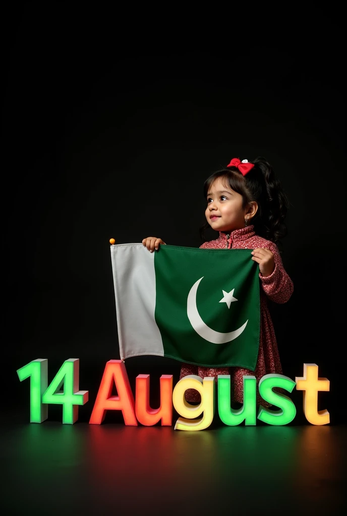 Happy Independence Day 14 August 2024 is written on big flag of Pakistan and a 1-year-old boy is standing in front of him wearing 14 Aguest  Shalwar kameez, with name "ABDUL MOIZ" written on SHALWAR KAMEEZ, and holding the Pakistani flag in his hand, 3D art painting realistic high quality photo