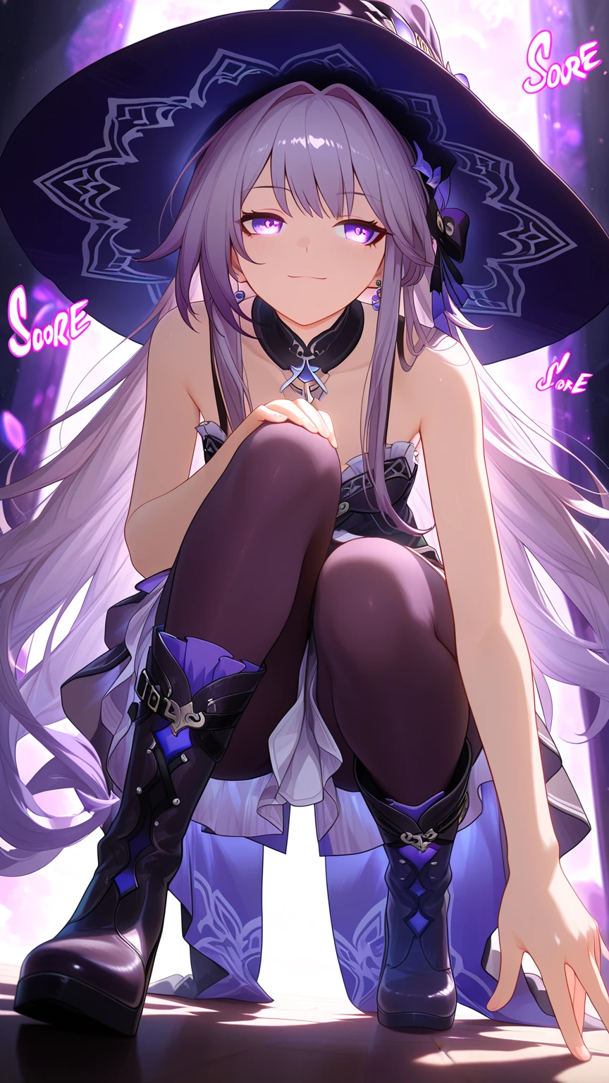 masterpiece, best quality,<lora:MikaPikaZoXL_ANI31_lokr_V4302:0.95> 1girl, multicolored hair, solo, long hair, barefoot, petite, purple eyes, black hair, feathers, feather hair ornament, very long hair, two-tone hair, wavy hair, dress, hair ornament, looking at viewer, white dress, black choker, small breasts, chain, choker, feet, grey hair, bare shoulders, white gloves, toes, toenails, gloves, purple hair, breasts, cuffs, bare legs, legs, own hands together