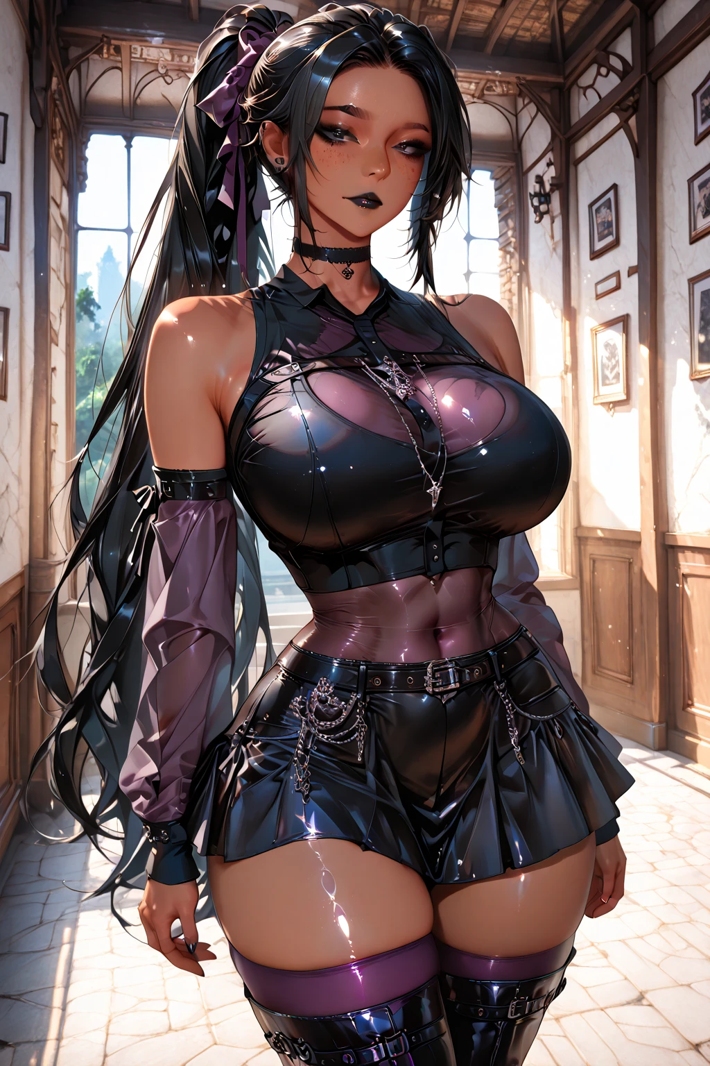 masutepiece, Best Quality, hight resolution, 1girl in, Solo, multicolored hair, Pink hair, Purple eyes, Black hair,hair between eye, Two-tone hair, Jewelry, Long sleeves, X Hair Ornament, Bangs,Very long hair, striated hair, hair clips,extremely detailed,4k,8k,latex costume, cropped jacket, corset, skirt, see-through skirt, navel, latex gloves, elbow gloves, thigh boots, latex thigh highs, high heels, rabbit ears,in bedroom,(topless),looking at viewer,