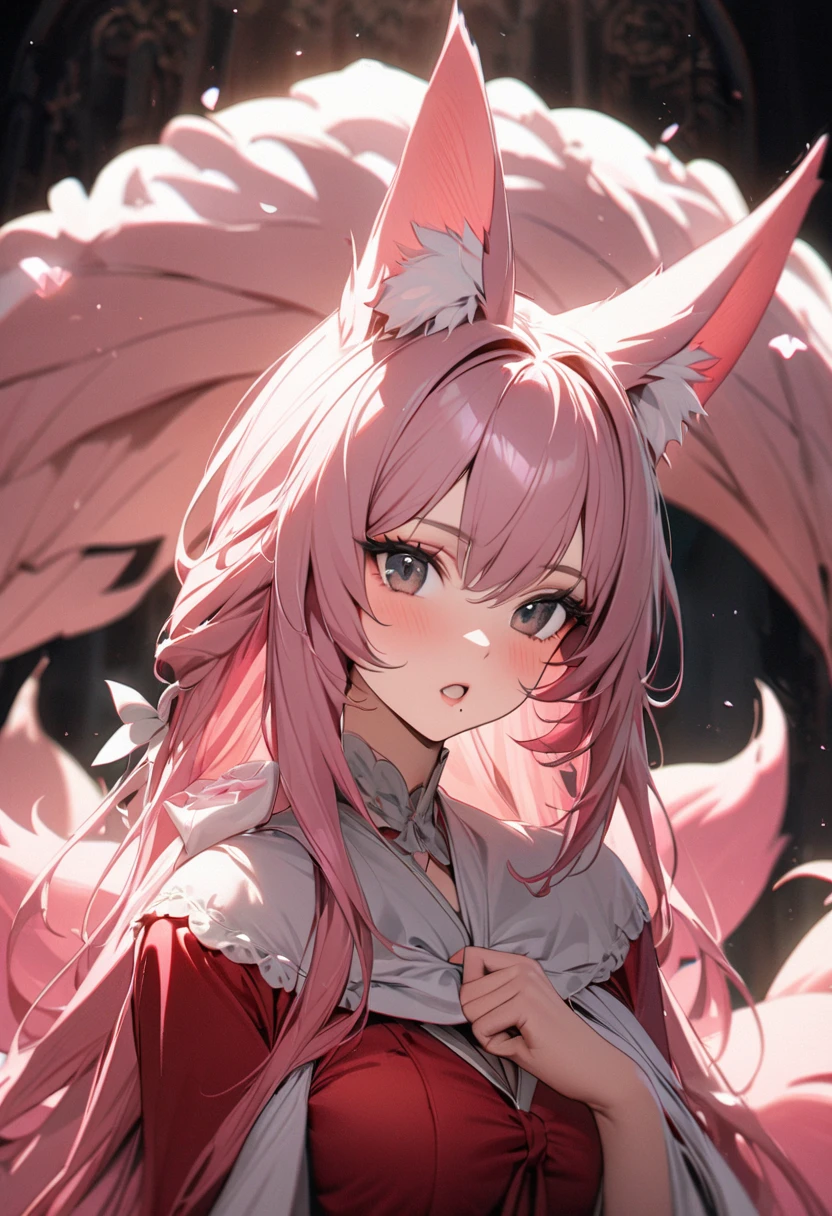 furry, pink fur, off-shoulder white semi  morning dress, sitting on grass, sakura forest background, hair between eyes, pink hair, gradient hair, hair over shoulder, wet hair, shiny hair, bell, horns, forehead jewel, dragon horns, lolita hairband, eye reflection, streaming tears, slit pupils, fox ears, wolf ears, open mouth, embarrassed, blush, fangs, tongue, saliva, full blush, flustered, Realism, Hyperrealism, ray tracing, reflection light, backlighting, Fujicolor, UHD, retina, anatomically correct, super detail, best quality, highres