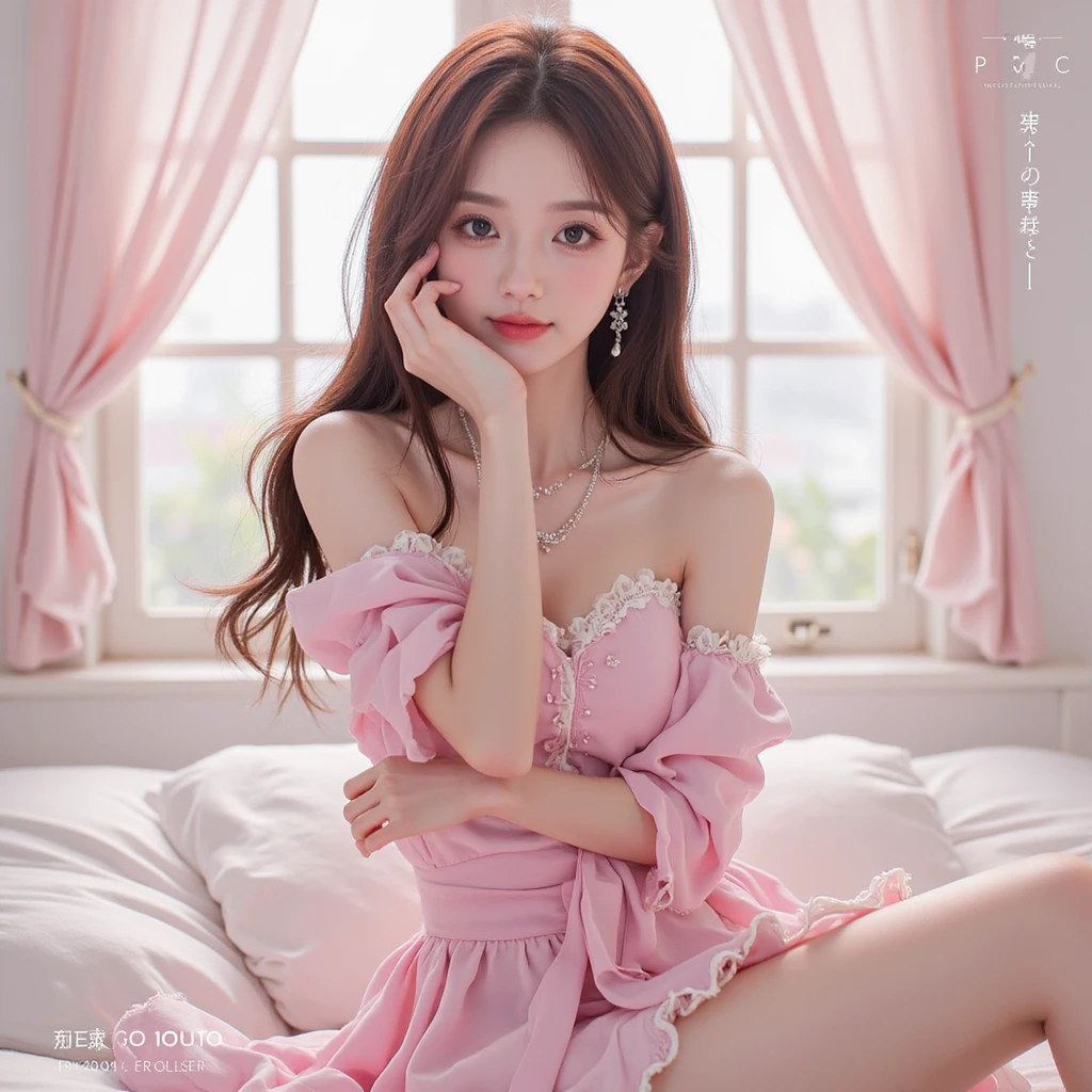 (A woman in a pink skirt lies half on the bed:1.6)，Gorgeous Chinese model，anime visual of a young woman,wavy long hair，Adult models，adult product models，Big breasts部，巨Big breasts部，Big breasts，Adult models，adult chest，ulzzang，Full body image，Put on the same bed at the same time，Inspired by Luo Mu，Pretty pink dress，Upper body and face，beautiful women，Very long bangs，frills，AI，Panorama,Correct body proportions，Models for adult products，Adult models，(8k, RAW photo, photorealistic:1.25) ,( lip gloss, eyelash, glossy surface, shiny skin, best quality, ultra high resolution, depth of field, Color difference, Caustics, wide light, natural shadow),（Perfect hands：1.6）,slender thighs