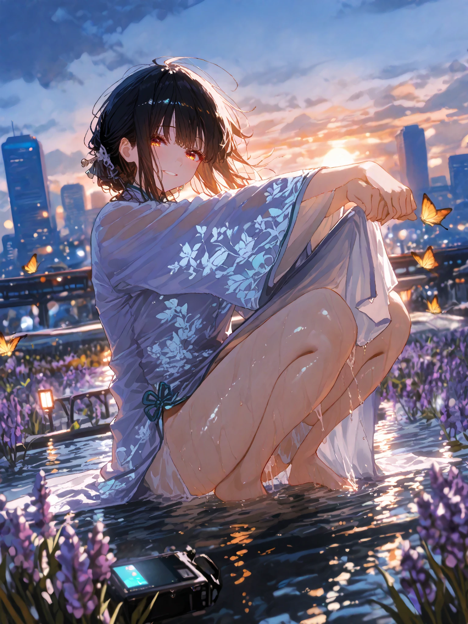 Exquisite, slender, delicate girl of 16 years old with a perfect gentle face of the southern type (with short dark burgundy hair) with freckles (with ruby earring) in the rays of the rising sun, naked with tender bare breasts with pink swollen nipples ((barefoot)) ((in an unbuttoned open burgundy shirt over a naked body and in small burgundy panties)) (on the veranda in the garden) Drinks (coffee) and looks at the flowers, in watercolor style, subdued dark shades, Flares, (imitation of film photography), against the sun, a lot of sun glare, light fills the frame, olive and grape groves, strong wind, Brick Road, high image quality, Maximum detail, sunset lighting, evening shades, (warm golden and olive sunset light), (thunderous shades, purple and dark shades), big space eyes, olive and grape groves, Brick Road, ((brick house, coffee, coffeeйные чашки, coffeeйник)), ((Pouring rain, rain jets, puddles, девушка бежит barefoot под дождём, purple ink sky))