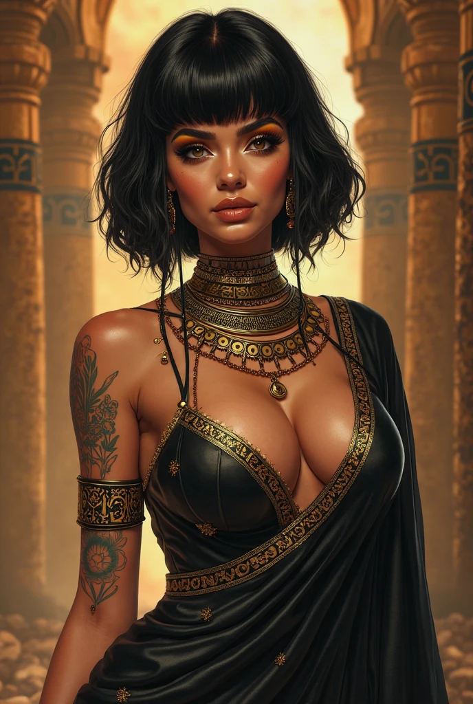egyptian, black skin, sweat, steaming body, thick thighs, large breasts, desert, black dress