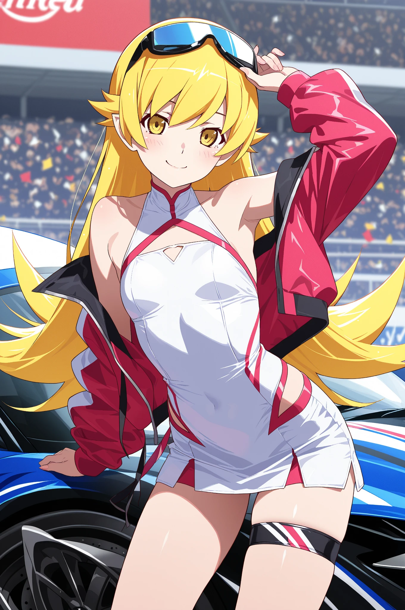 (highest quality, High resolution, 8k, masterpiece: 1.2), Very detailed, (Anime), Misaki Shokuhou, orange eyes, (pupils sparkling:1.2), Beautiful character design, Perfect eyes, Perfect face, Expressive eyes, Perfect balance, smile, blonde, Long Hair, large breast, (Race queen, leotard, sleeveless, car racing venue:1.2), looking at the camera,(cowboy shot), The gaze camera focuses on the center of the image,