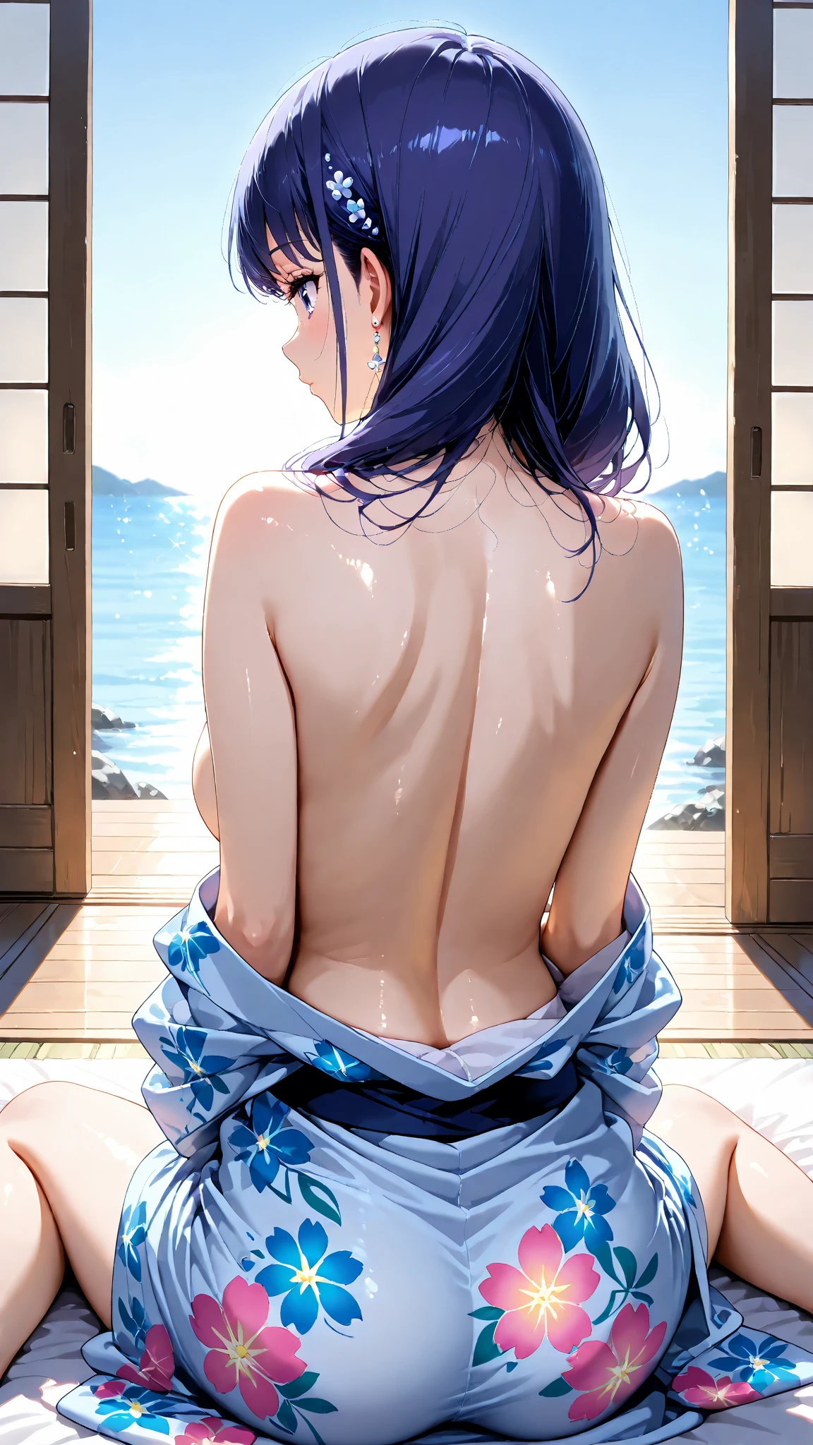 arafed asian woman in a blue bra and panties posing on a balcony, bright blue shiny lingerie, realistic sensual gravure idol, japanese goddess, photorealistic perfect body, sophisticated gravure idol, realistic young gravure idol, with glowing blue lights, japanese model, shiny plastic bikini, beautiful asian girl, translucent body, beautiful sexy woman photo, sexy girlBREAK, ((back view:1.2))