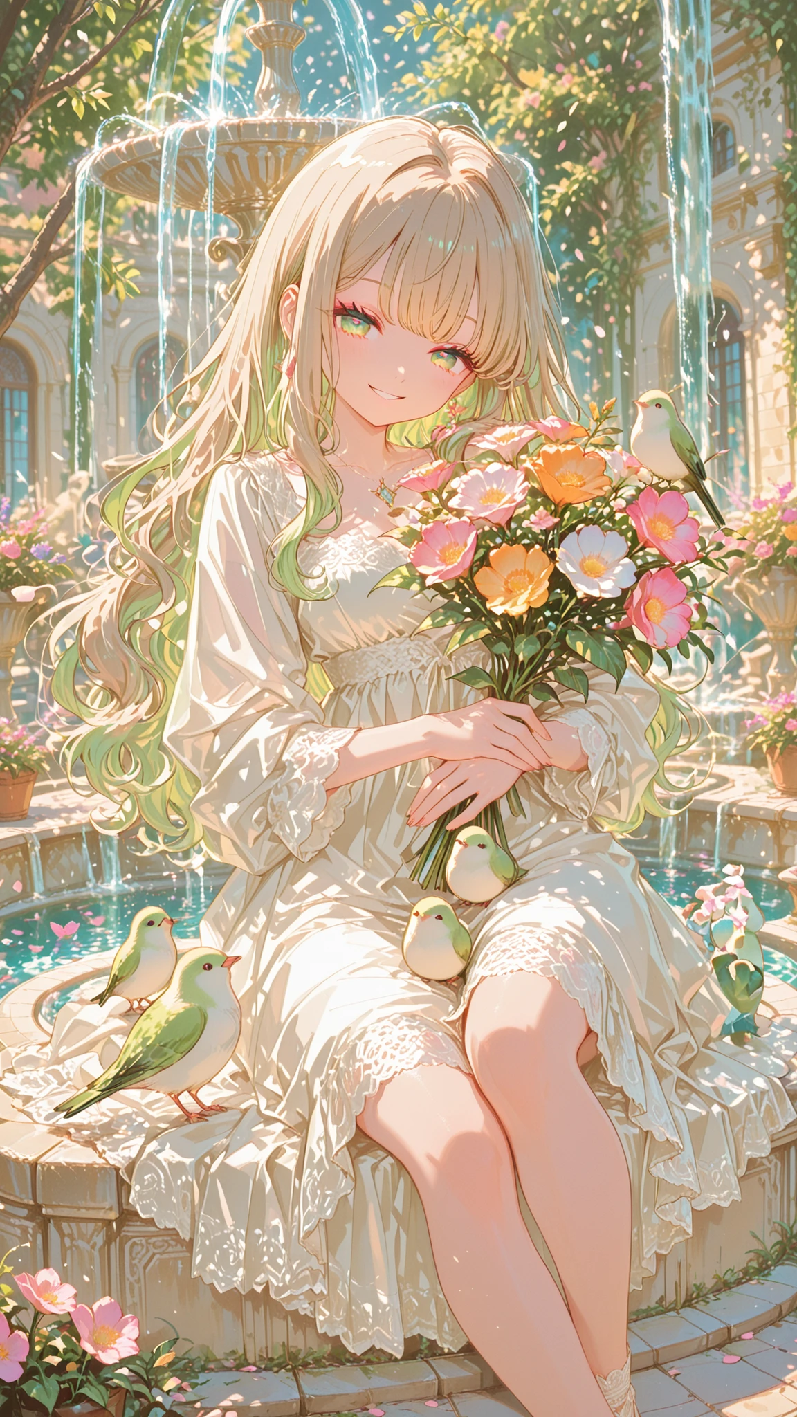 rich,Cute,beautiful woman, in a town with a fountain, sitting at the edge of the fountain, wearing a dress of brown and light green with lace, long light brown wavy hair, light green eyes, surrounded by small birds, colorful bouquet of flowers on her lap, smiling, thigh-up composition, long eyelashes, (Sensual eyes, feature double highlights), (beautiful background:1.2), (perfect details:1.1), (highly detailed CG), (beautiful detailed eyes:1.2), 8k, UHD, masterpiece, (high quality), best quality, absurdres, ultra detailed