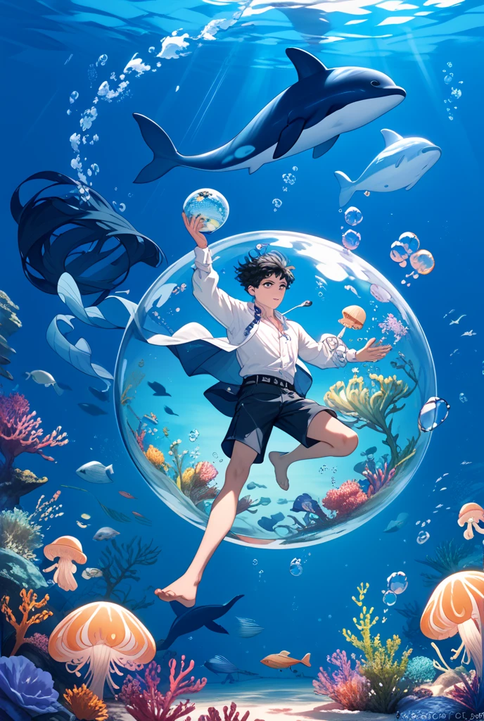 highres, masterpiece, best quality,8k, perfect face, expressive eyes, 1boy, underwater, happy, swimming underwater, creative, underwater view, fish, genshin impact official art, official art, full body, looking away from viewer, trending on pixiv, swimming, floating