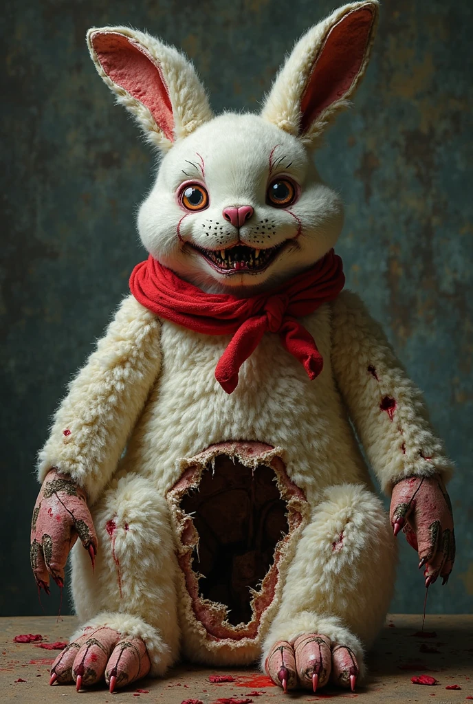 masterpiece, (horrific:1.3), (nonhuman:1.2) (monsters:1.4) (easter bunny rabbit:1.4), with body like combination of (Lauren Bacall:0.5) and (Jessica Rabbit:0.5), (Trypophobia:1.3), (oozing:1.2), (glistening:1.3), (gore:1.3), (wounds:1.3), (rotting:1.3), (decaying:1.3), (maggots:1.2), (kawaii:1.3), (studio ghibli:0.9), mischievous, cheeky, (Smiling Ecstatically:1.1), (dark bloody lipstick:1.3), (big luscious kissable lips:1.3), (multiple rows of tiny sharp needle teeth:1.4), (small tiny flatter breasts:1.4), sexy, sweet, (chunky:0.8), (pregnant:0.9), (psychedelic:0.9), (fur is covered in maggots and rotting decaying flesh:1.3), (background is an amusement park:1.3), people are screaming, ominous, creepy, disturbing, eerie, by Wes Craven, by David Cronenberg, 4k, 8k, uhd, ultrarealistic, ridiculously high resolution, HDR