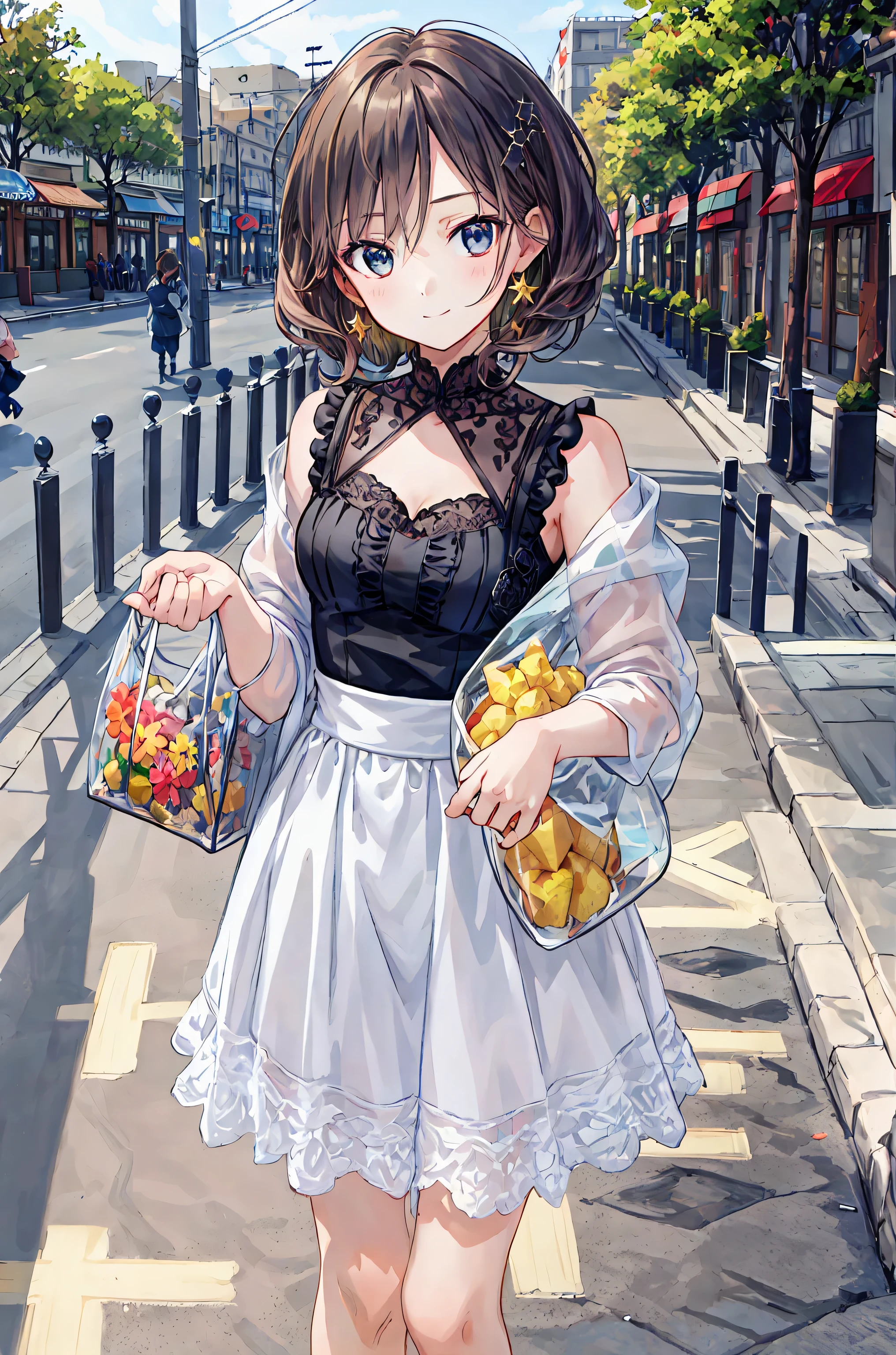 High definition raw color picture, professional shooting, (((((Bokeh))))), writing border depth, Taken with Sony α7IV,,Highest Quality,TOKYO DISNEYLAND,TOKYO DISNEYLANDの活気に満ちた魔法のような雰囲気の中を歩く, casual clothes、cute服、Cinderella Castle can be seen in the background, warm sunshine、The vibrant and cheerful atmosphere of Disneyland,Families and couples pass by,Beautiful Faces in Every Detail,cute,Dark Brown Eyes,(背の低いcute女の子,Young student,Young and delicate girl),(masterpiece,Highest Quality),dark haired,sleepy expression,wearing a short-sleeved white shirt,plaid skirt,Pathetic,Pathetic,Pathetic,brown hair,shortcut,messy hair, short braided hair ,neat,Slender Beauty,Dignified Posture,tiny chest,Beautiful legs,The person who runs it, charming grayish blue eyes shining like stars,bright colors,Beautiful Eyes,A delicate smile,textured skin,Best quality in best condition, gently beautiful woman ,Anime Style、BREAK (masterpiece:1.2), Highest Quality, high resolution, Unity 8k 壁紙, (shape:0.8), (beautiful attention to detail:1.6), Highly Detailed Faces, Perfect lighting, very detailed CG, ( Perfect hand, Perfect ),((from above:1.2)),