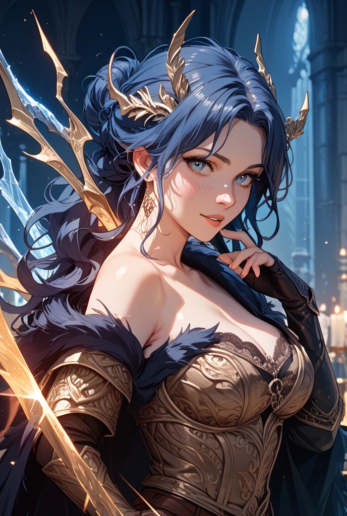 a woman with black hair and pale skin in a powerful pose, emitting energy from her wrist with an intense aura. She has expressive, piercing eyes that reflect determination and inner strength. Her black hair is long and wavy, with a few strands highlighted in a lighter tone, shimmering with a subtle touch of magical energy.

She is dressed stylishly, blending medieval elements with modern flair, creating a unique and stunning look. Her outfit consists of elegant armor that accentuates her curves and reflects her power. The armor has intricate details and engravings symbolizing her connection to magic and nature.

With confidence and attitude, she strikes a bold and commanding pose, exuding self-assurance and charisma. Behind her, the energy flowing from her wrist creates a vivid trail of colors, showcasing the magnitude of her magical power. Her pose and facial expression depict her determination and courage in the face of any challenge.

In her hands, she holds a staff or a sword, symbolizing her mastery of both magic and combat skills. Around her neck, she wears an enchanted necklace with a mystical gemstone, emitting a subtle glow of light.

The drawing should portray a strong, elegant, and imposing woman who commands the arts of magic and combat, capable of facing any challenge with grace and power.