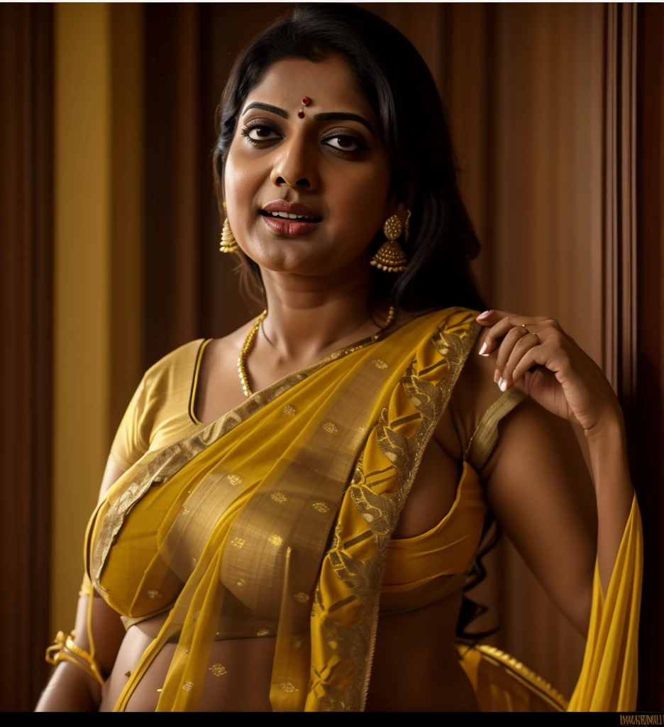 Foto RAW, photorealistic, photography, full body shot, 50 years old Woman, mature aunty, mature big saggy breast, hot Amma, vellamma, desi aunty, mommy, momma, motherly figure, fleshy bulky figure, curvy, Full figured woman, busy housewife, thirsty for young male, hypnotizing eyes, master shot, perfect eyes, goddess like beauty, pierced eyes, perfect thick chubby mallu Desi aunty bhabhi, Wearing a Stanapatta, a chest-band.Saree model, model Photography, Indian saree shoot, Indian traditional wear advertising photography, traditional wear brand shoot, face of Kriti Sanon, masterpiece, realistic, realism, incredible details, pleasure, photorealism, detailed skin, skin pores, high contrast, photorealistic Artstation 8k HD digital art trend of high definition and detailed realistic skin texture, ultra detail, realistic skin texture, armature, best quality, ultra high definition, (photorealistic:1.4),, high resolution, detail, raw photo, sweat, Re sharp, by Lee Jefferies Nikon D850 Film Stock Photo 4 Kodak Portra 400 Camera F1.6 Lens Rich Color Ultra Real Realistic Realistic Textures Dramatic Lighting Unreal Engine Trending at Art Station Cinestill 800,(pele altamente detalhada: 1.2), 8k UHD, DSLR, soft-lighting, alta qualidade, grain of film, Fujifilm XT3,she didn't like to wear blouse or bra, she is happy to wear only saree, she hates blouse or bra, detailed hairy armpits, hyper realistic skin, skin pores, sweat, veins, Dark hairy armpits, sensually appealing figure, goddess of temptation and lust, queen of lust,