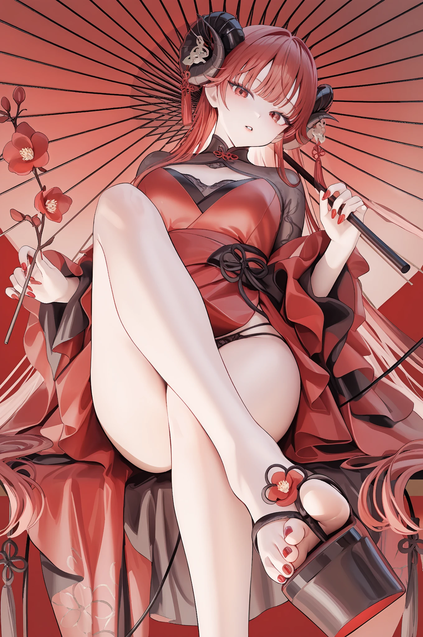 yae miko, 1girl, \n/, animal ears, bare shoulders, blush, breasts, rose pedals, closed mouth, detached sleeves, earrings, fox ears, hair ornament, resting on bedside, dark night gown, bodystocking, black chocker, long hair, looking at viewer, medium breasts, pink eyes, pink flower, pink hair, sidelocks, smile, solo, full body,