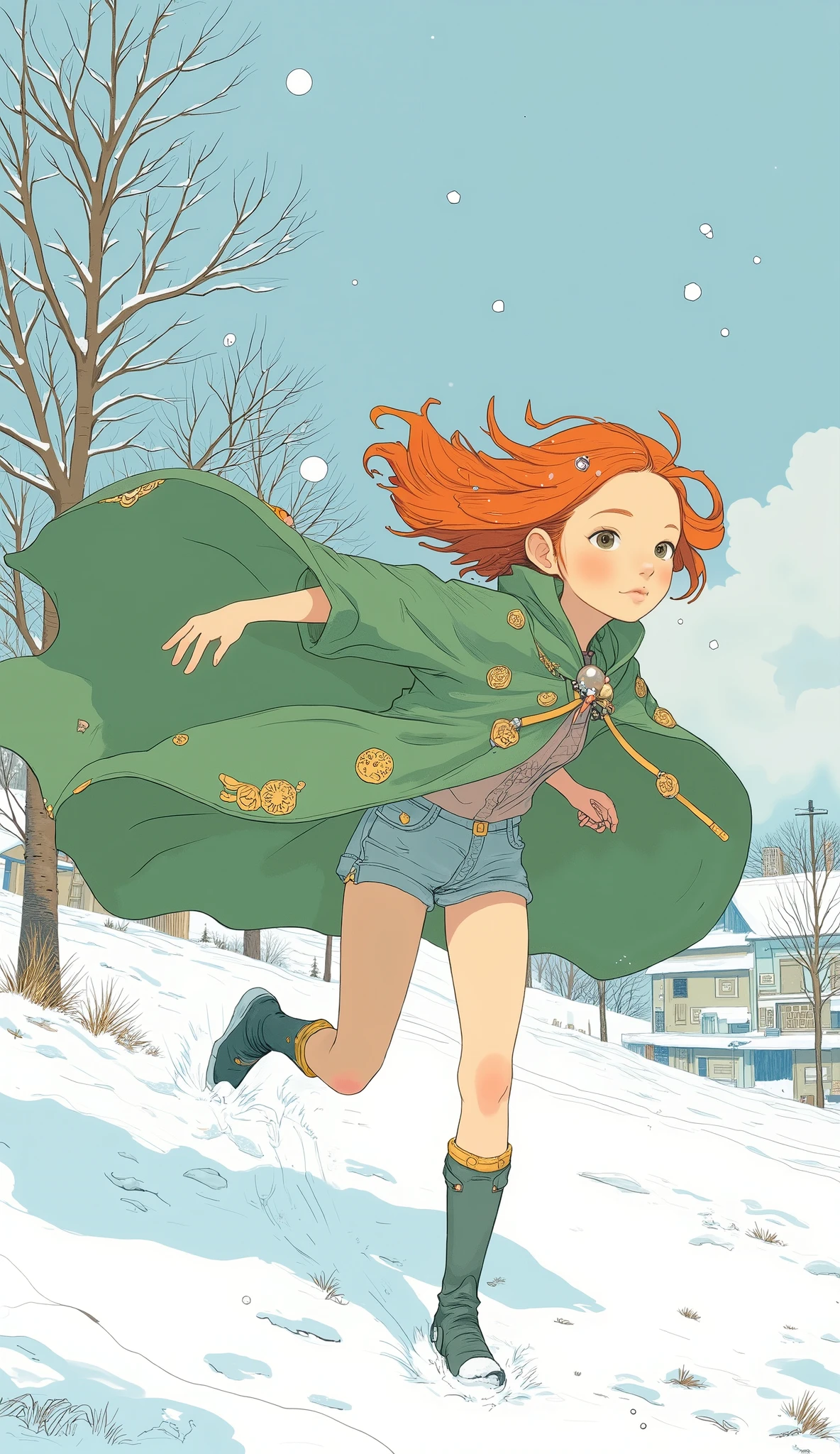 Anime girl with red hair and green clothes running through the snow, Ayaka from Genshin Impact, image drawn, cute girl anime visual, Hajime Yatate, Marin Kitagawa fanart, Koyoharu Gotouge, Villain Anime Girl, Wearing a green cloak, Anime Moe Art Style, Break where you can work on Zero-chan , Official Character Art