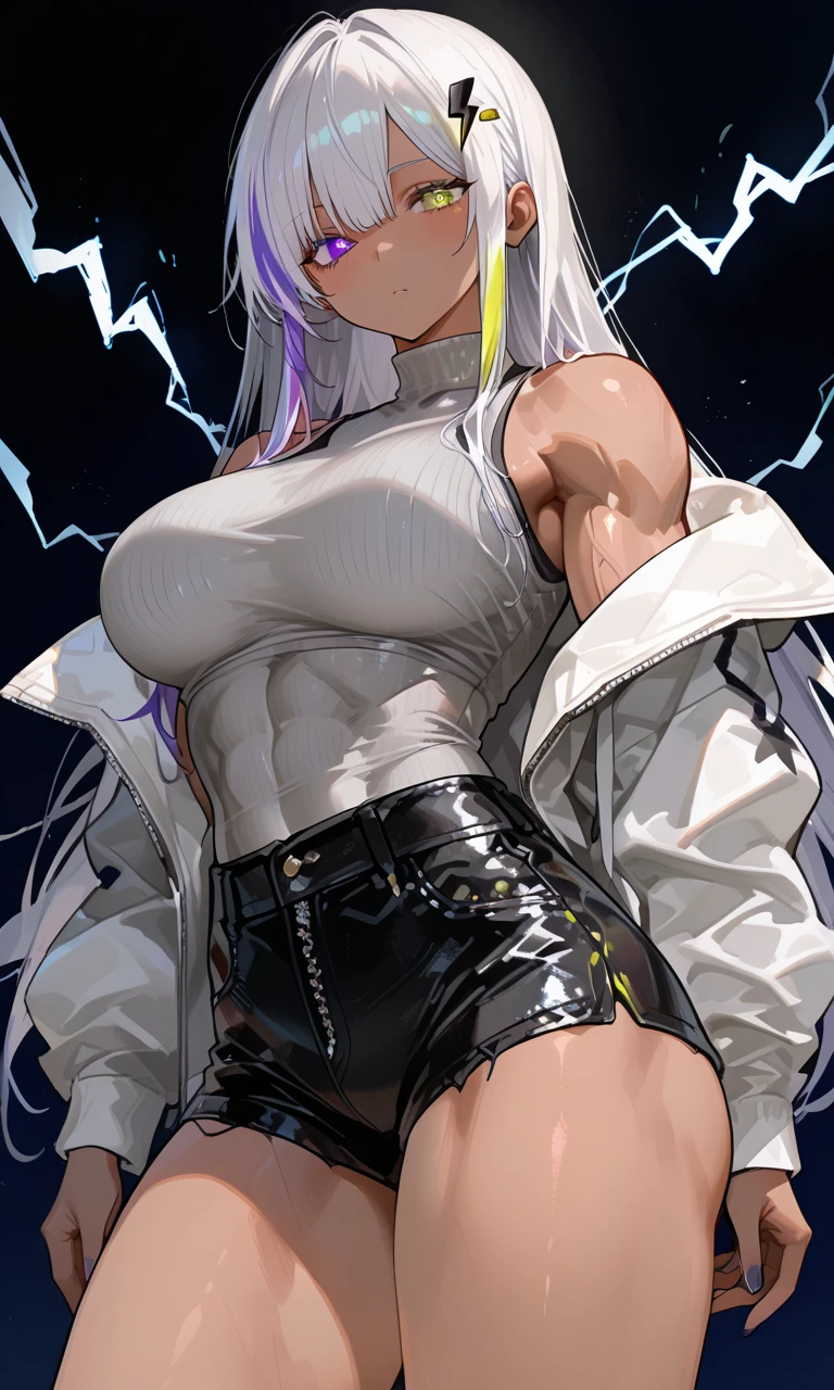 (black background 1:2) 1girl full body standing, nice ass, Hairstyle with a braid, white colored hair, yellow eyes, perfect lighting, muscular, thighs, Mature woman, mummy, bellybutton, abs, looks at the viewer (masterpiece, high quality: 1.1) smile, extremely huge breasts, Maternal, porcelain skin, extra very long hair, sparkly skin, good face, chest cover