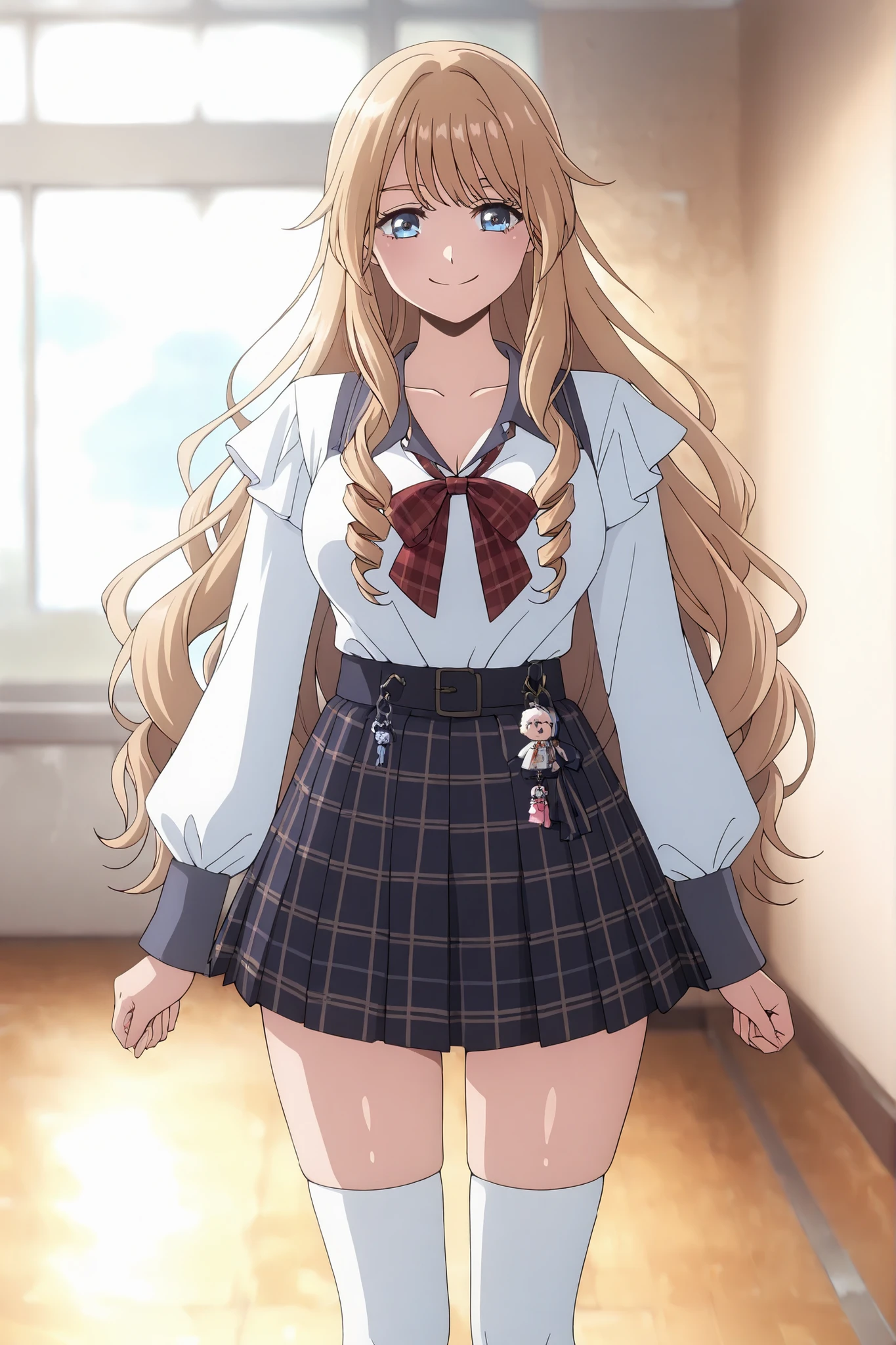 Beautiful Illustrations,viewers,girls, high school students, Blonde, (Long Hair:1.8), (drill hair:1.7), bang, hair between the eyebrows, blue eyes,
beautiful hair, beautiful face, Beautiful Detailed Eyes, beautiful collarbone, beautiful body, beautiful thighs, Beautiful legs, beautiful fingers ,
(beautiful scenery), school,
(((navy collared long sleeve short length bolero),white shirt), pleated mini skirt, (white knee-high socks, 私立school制服:1.2, Plaid Pleated Skirt, Red Check Ribbon)),, ((charm的な姿勢: 1.2, charm: 1.2)), (Idol),
(smile), shiny skin,
perfect face, cute and symmetrical face, natural side lighting, Movie Lighting),
walk,