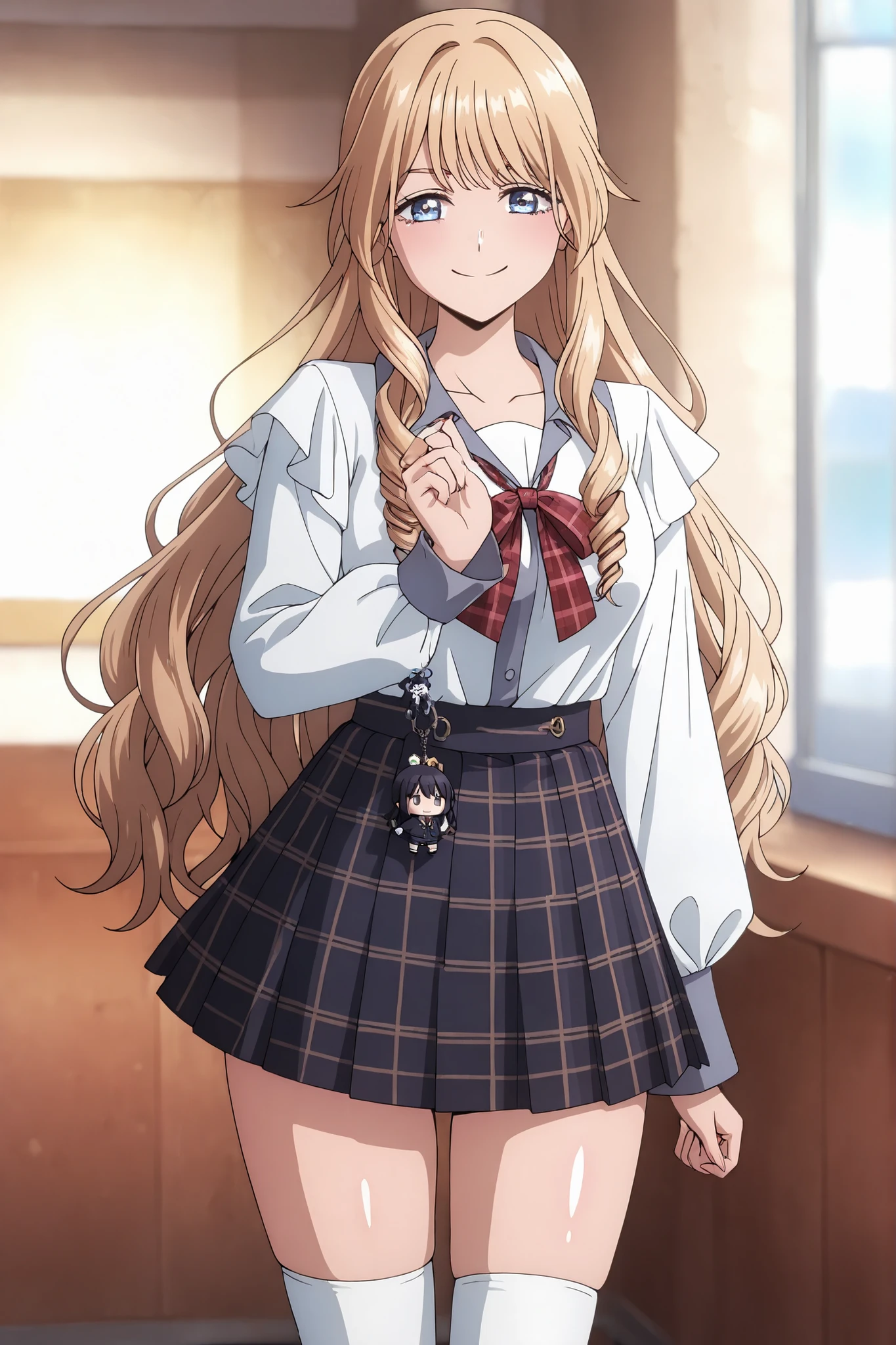 Beautiful Illustrations,viewers,girls, high school students, Blonde, (Long Hair:1.8), (drill hair:1.7), bang, hair between the eyebrows, blue eyes,
beautiful hair, beautiful face, Beautiful Detailed Eyes, beautiful collarbone, beautiful body, beautiful thighs, Beautiful legs, beautiful fingers  , 
(beautiful scenery), school, 
(((navy collared long sleeve short length bolero),white shirt), pleated mini skirt, (white knee-high socks, 私立school制服:1.2, Plaid Pleated Skirt, Red Check Ribbon)),, ((charm的な姿勢: 1.2, charm: 1.2)), (Idol),
(smile), shiny skin, 
perfect face, cute and symmetrical face, natural side lighting, Movie Lighting), 
walk,