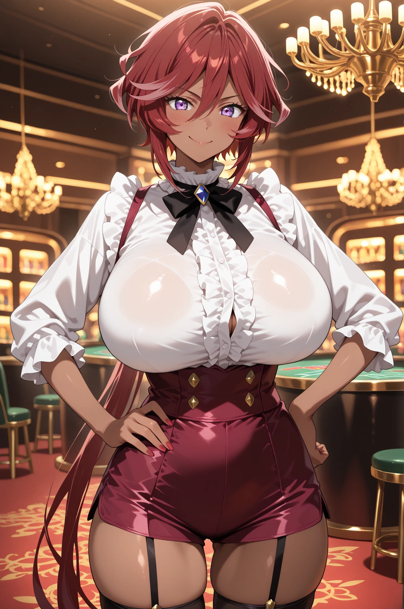 15yo girl, light pink hair, hime cut style, long hair, J cup size, thicc thigh, open space on breast and pussy, gold pasties on tits and pussy, casino scenes, fish net on thigh, touching pasties on  and pussy, rabbit ears, charming smile, glasses 