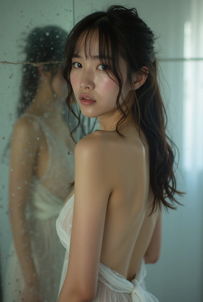 beautiful girl、Japanese、Completely naked、peek from behind the door、24-years-old、round face、thick lips、