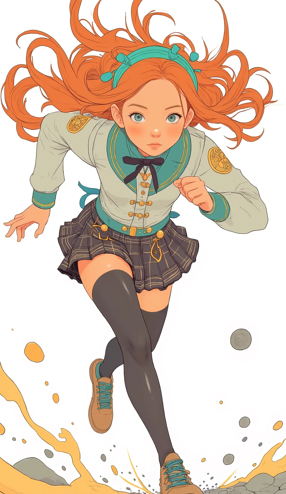 A dynamic character is sprinting at full speed, It captures energy and movement、Uma Musume. Her Long, reddish orange hair flows behind her, Supported in part by a green headband accented with ribbons, matches the vibrant green and white outfit she wears. She wears an elaborate uniform with a white blouse with green and gold edging, and、A black ribbon is tied around her collar. The outfit includes a short plaid skirt, and、She's wearing dark thigh high stockings, emphasizes energetic movement. Her eyes are bright blue and、Looking ahead, With determination. She's planning a strategy while running. loose elements around her suggest speed and agility, in a digital art style with sharp lines and vibrant colors, is set against a minimalist background that emphasizes her movements. This composition is、captures both the character's energetic expression and the dynamic flow of her sprinting.