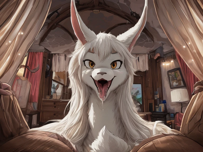 ultra-detailed, masterpiece, masterwork, high quality, best quality, hdr, posted on e621, (by hioshiru), nsfw, female, (white little body dragon), hairy dragon, (long silver hair, yellow eyes, detailed eyes, white body), stylish pose, (nude, micropenis, foreskin, balls), front view, dynamic angle