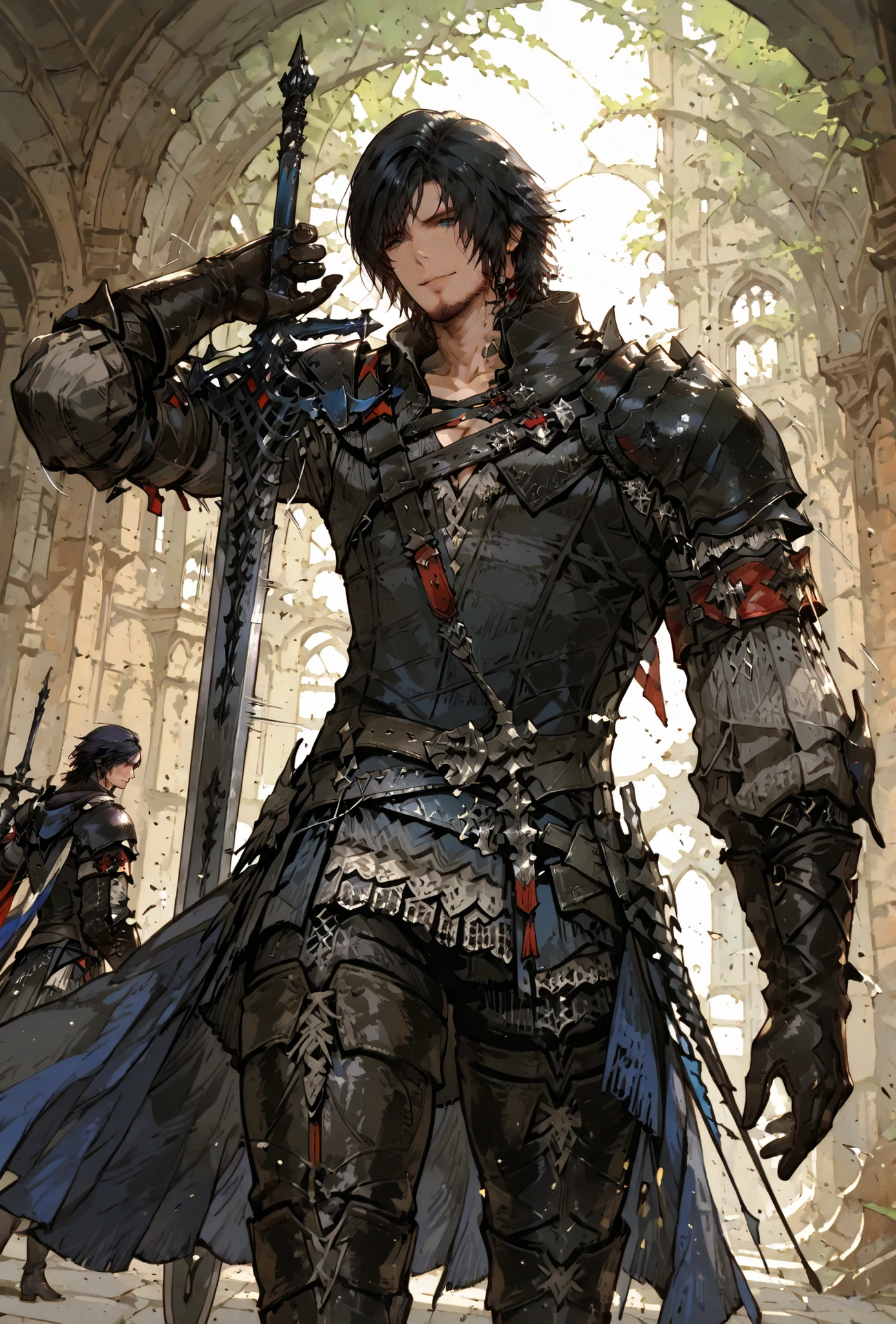 (score_9,score_8_up,score_7_up),((MAN, 1 MAN, CLIVE, FINAL FANTASY XVI, CLIVE full clothers, WITH SWORD, LIGHT MUSCLE,muscle BODY TYPE,)), ,,extremely detailed,dynamic lighting,best quality,,,best quality,high quality,, , dynamic angle, , thick thighs, motion lines,, , solo, perfect eyes,,DETAIL,MASTERPIECE,,Expressiveh, ultra detailed,,,,very detailed,extremely detailed,dynamic lighting,best quality,(score_9,score_8_up,score_7_up), clive FINAL FANTASY, blue eyes, black hair, medieval clothes,,,sexy MAN, BADASS SEXY POSE , ,LIGHT MUSCLE,ATLETICH BODY TYPE,,extremely detailed,dynamic lighting,best quality,pale skin,evil smile,, sleeve, armbands, BLACK gloves