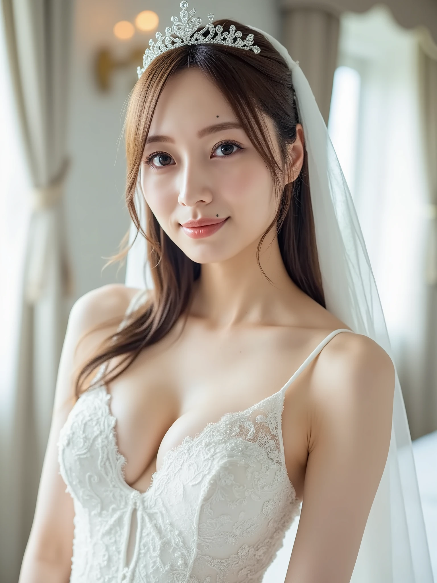 (1girl), ponytail, Extremely cute face, Amazing face and eyes, (Highly detailed eyes, Highly detailed face), fresh, Very clean appearance, (Hyper-realistic, hight resolution), (Best Quality:1.4), (hyper quality), Authentic skin texture, Raw photo, (Realistic, Photorealsitic:1.37), highly detailed, Professional Photography, (beautiful lace bridal dress:1.5), (lace bridal dress with open front), (cleavage:1.2), (Bare shoulders), Smile slightly, (Staring at me), luxury living room, 