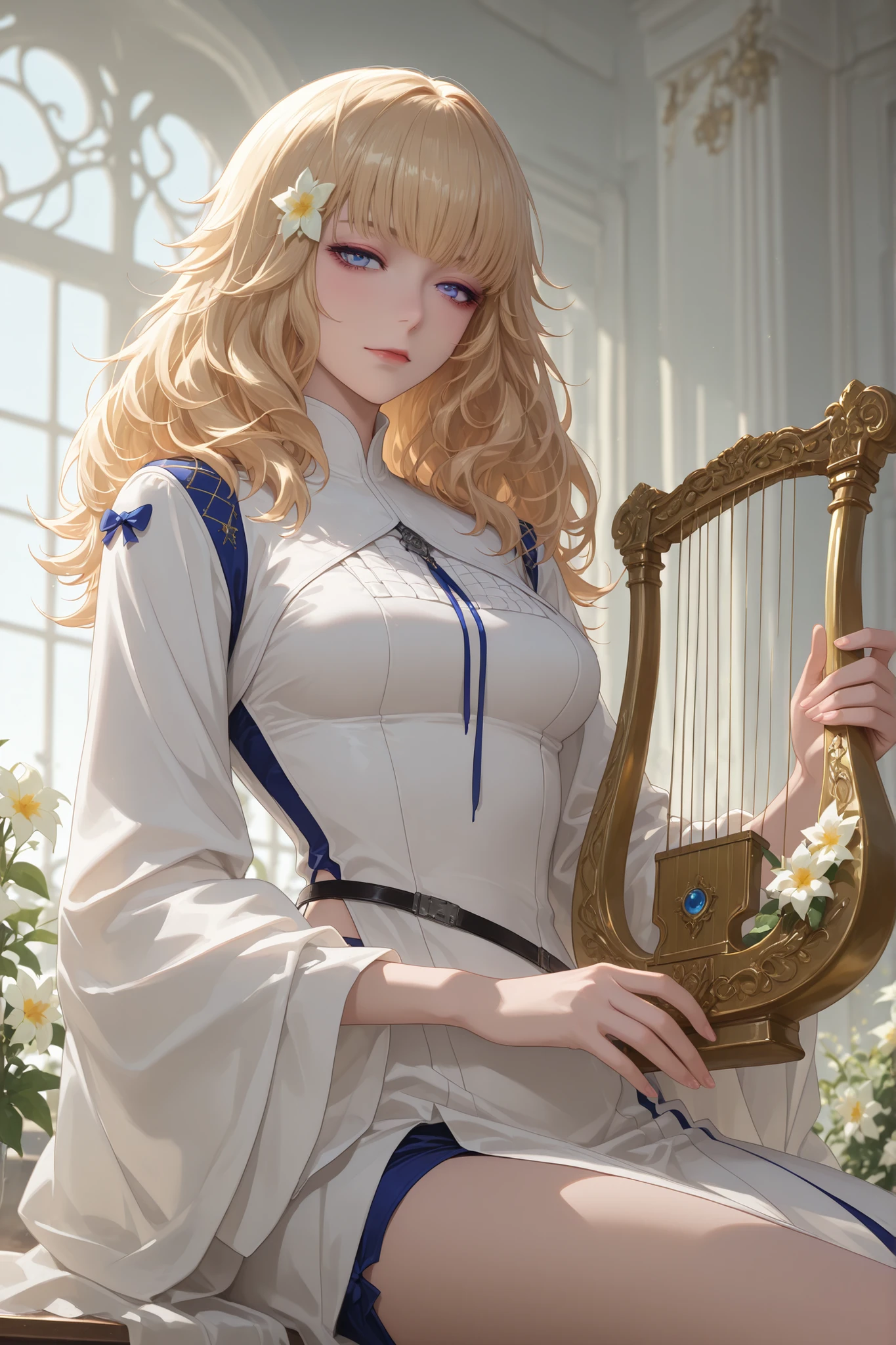 Star hair ornament, star (symbol), medium breasts, dress, Girl, beautiful, long wavy blonde hair, hair ornament, white strands and flowers, two-colored eyes, purple left eye, blue right eye, white Greek-style dress with royal blue details, playing a golden lyre, beautiful golden lyre, flower ornaments, close up body, above the waist, high resolution and focus on details, well-drawn hands, well-detailed hands