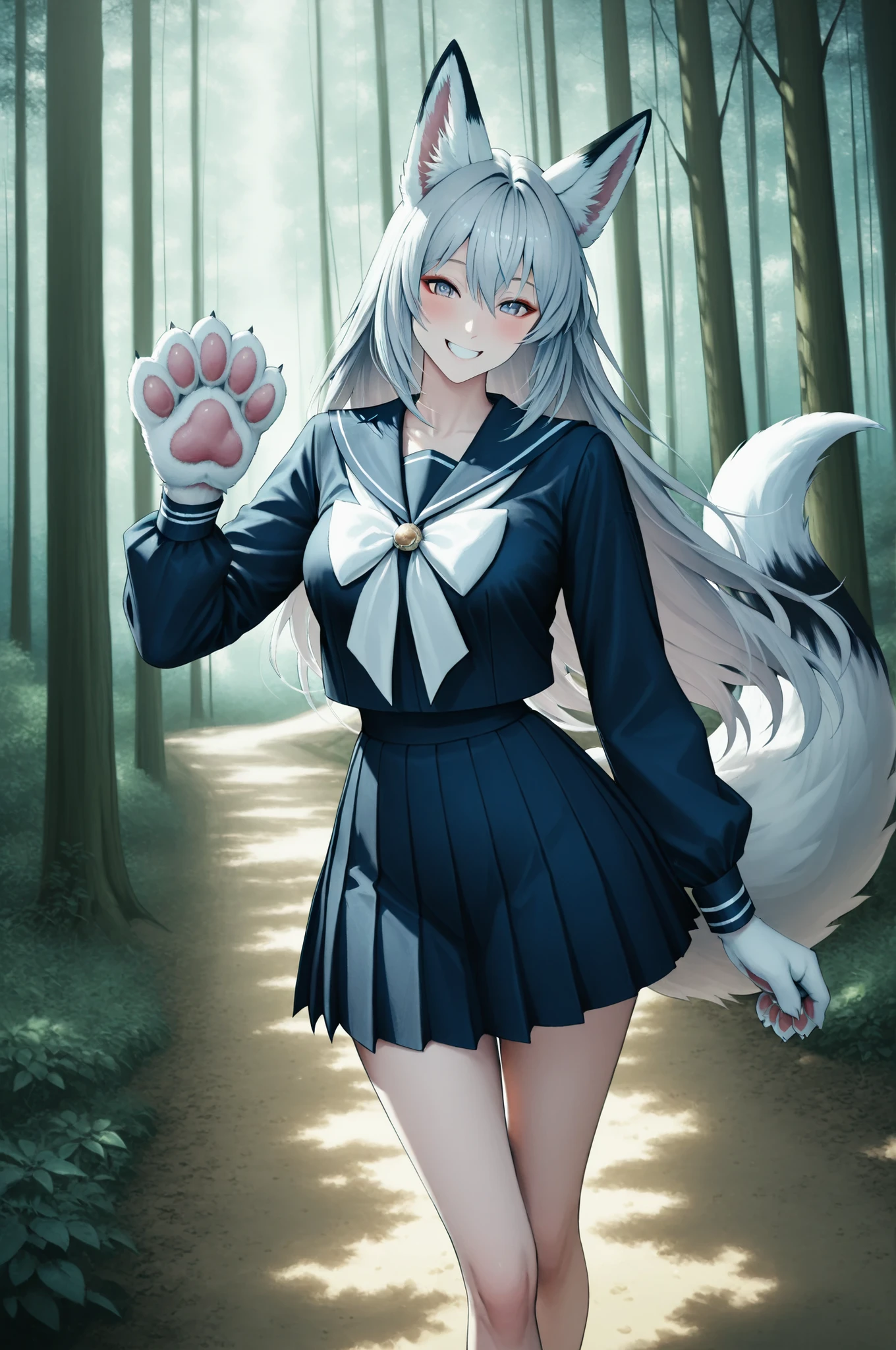 yukiko, Girl with shemo ears , Farley, ((dark blue sailor suit, pleated miniskirt)), (Forest Park Scenery:1.4), Fox Beast Woman , 白Fox Beast Woman , (fox ears, fox tail, Fox's front paws, white paw:1.2), 美Seems, Exquisite , Anime Style, gray hair, round face, big eyes, Smile Yan, Blush, graceful behavior, Delicate Body, god秘的, fantastic, natural light, Soft Shadows, Delicate Details, god々Seems, god聖な雰囲気, Traditional Japanese Style, Analog Painting, Superb painting quality, 8K, Super Realistic, Physically Based Rendering, vivid and vivid colors