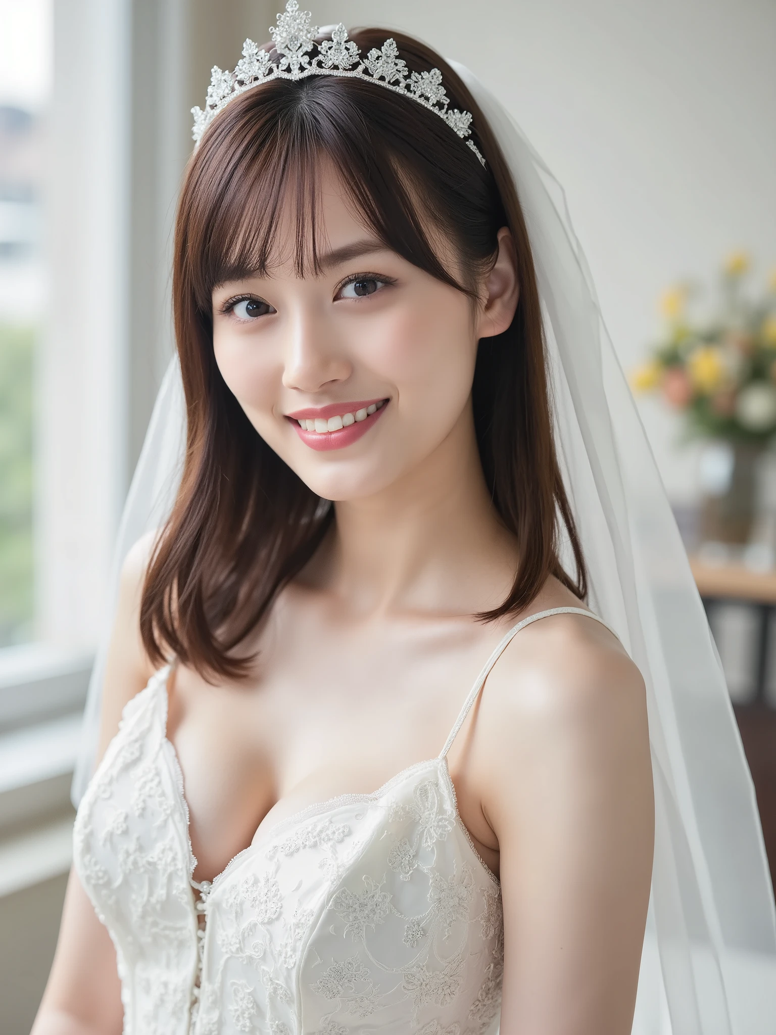 Young girl in wedding dress and updo, Off-shoulder neckline, and a long veil. her face is young and innocent, Looks like a . She looks at the camera with a playful expression. Detailed artwork with vivid illustrations, Realistic colors, Capture every detail. The medium of digital painting, Guaranteed best quality and high resolution (4K or 8K). soft and romantic lighting, creating a dream-like atmosphere. The overall color is warm and gentle................, Highlight the joy and beauty of your wedding scene.frontage、full body Esbian、A smile