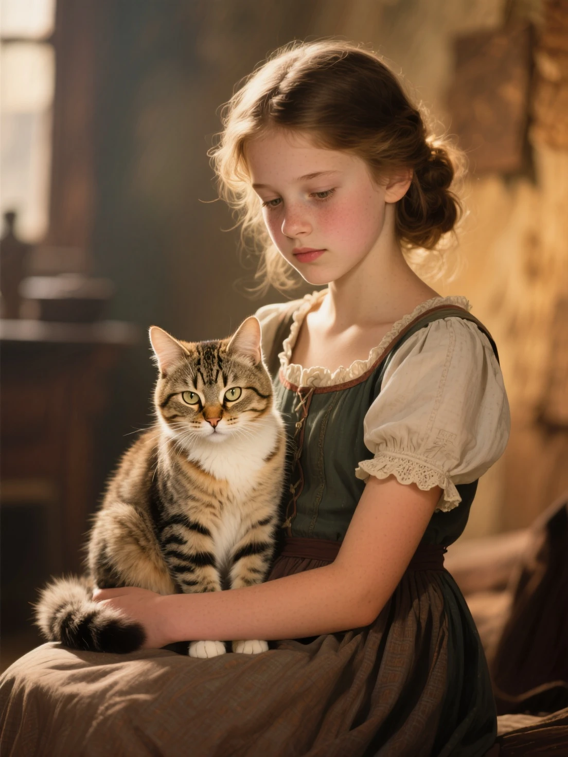 (((best quality))), high detail, depth of field, Focus: 1.2, Victorian England 10 years old girl with cat, weary eyes, fine eyes, big eyes, tattered and rotted clothing, Hair is unkempt and tangled, skin is marred with grime and dirt, abandoned, gloomy room inside a old cottage and with a broken window, detailed face and eyes is sad and scared, ((masterpiece)), (realistic photo:1.5), (((high resolution illustration))), (((extremely detailed))), dramatic shadows, cinematic