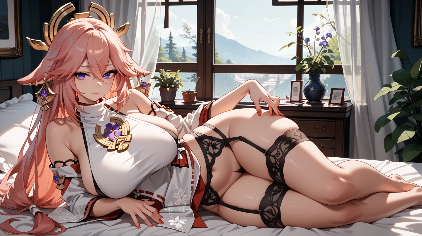 masterpiece, best quality, ultra-detailed, illustration, kawaii, detailed light, happy, smile, blush, Highlights hair, hair, beautiful detailed body, detailed sparkling eyes, 1girl, looking back, showing skin, buttocks, bare thighs, perfect limbs, underwear, on bed, full view of buttocks, showing buttocks, in heat,, legs open, show vagina