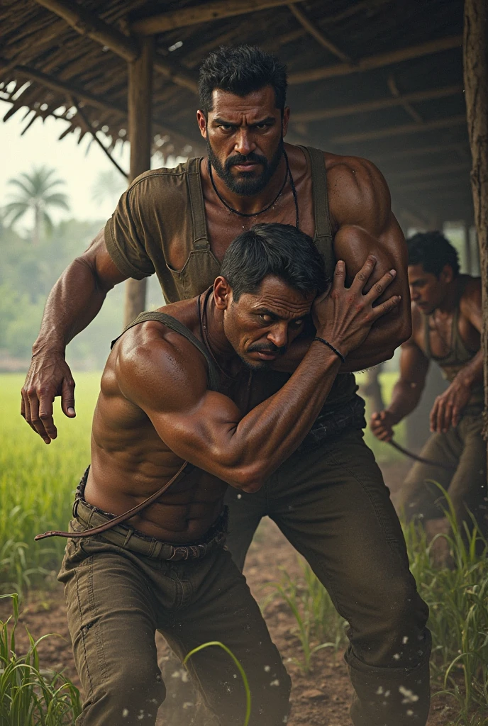 2indian black men in lungi fighting with each other, oiled, blood, sweat , in a forest