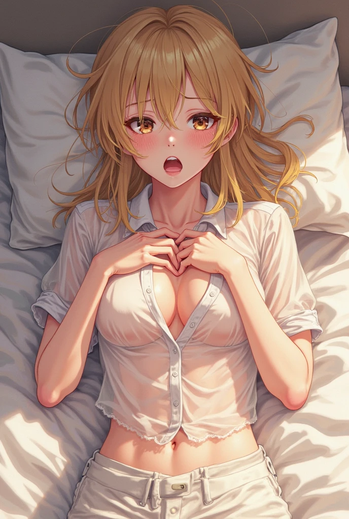 （（super high quality,Ultra-high resolution,16K,super masterpiece,Ultra HD ,Detailed shading,））A seductive mother,popped Tight collar White shirts,Naked shirt,Cleavage,Folded sleeves,Not wearing,blush,A small amount of drooling,Sweaty,Western-style room with morning sunshine,Lying in bed,Put your hands on your chest,Spread your legs,Put your hands on your crotch,Love juice gushes out,Full body photo,Shooting from above,