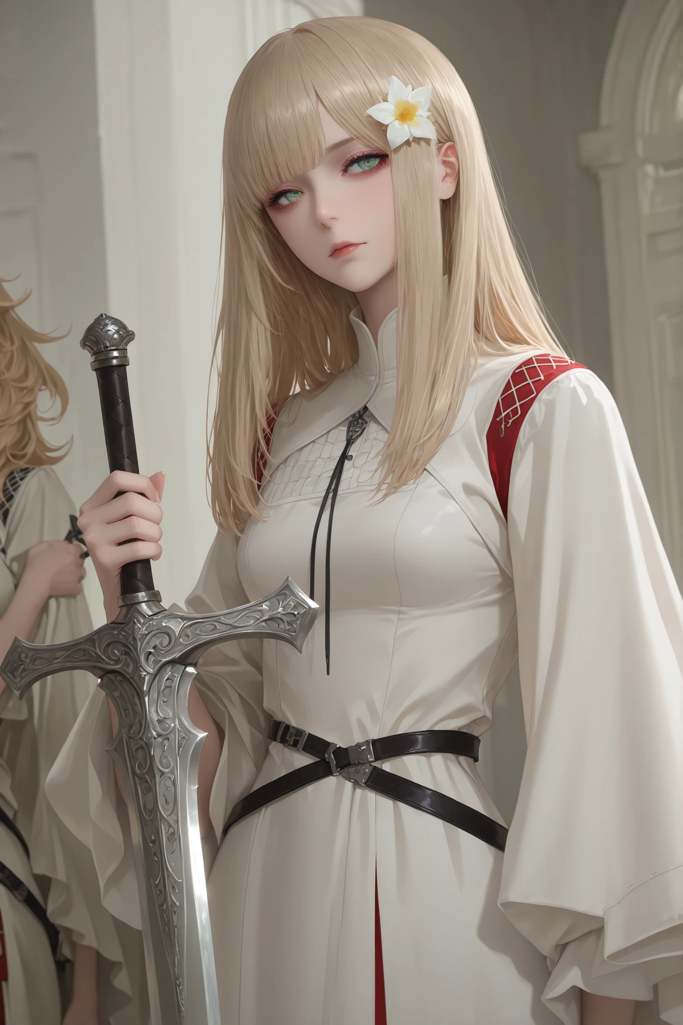 Hair ornament, dress, long hair, hair flower, green eyes, belt, bangs, cowboy shot,Girl, beautiful, long straight blonde hair, hair ornament, black threads and flowers, two-colored eyes, red left eye, purple right eye, white Greek-style dress with royal red details, carrying a silver Greek sword, beautiful silver sword, flower ornaments, close-up body, above the waist, high resolution and focus on details, well-drawn hands, well-detailed hands