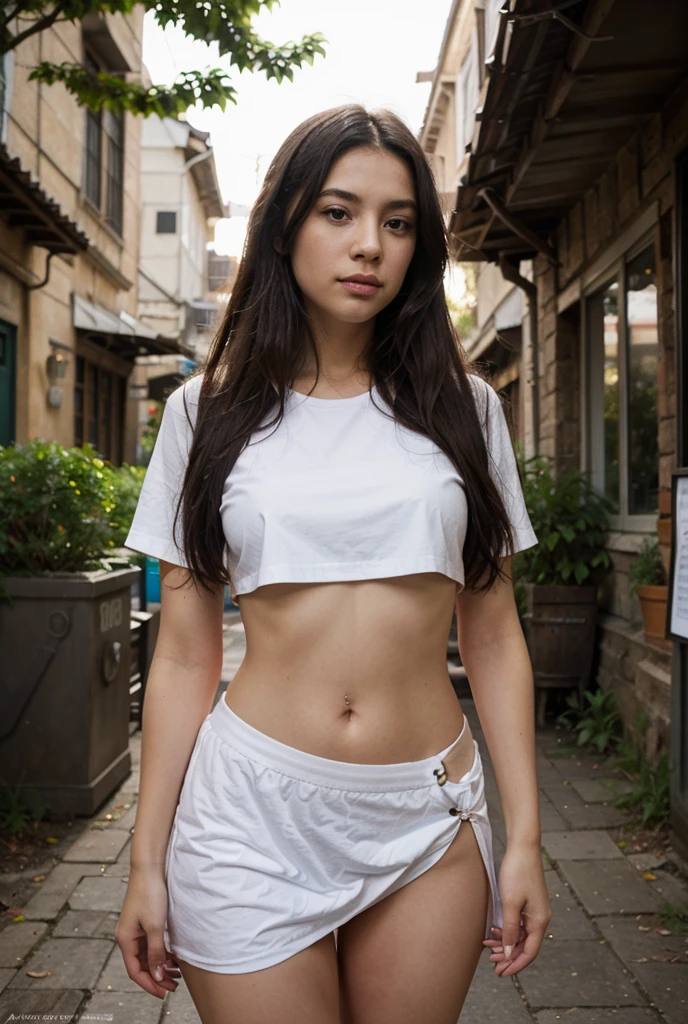 girl, asian, Indian, light-pink_shirt, cropped hoodies, long sleeve, (underboob shirt), black microskirt, cam from below, cleared sky, Mountains, river