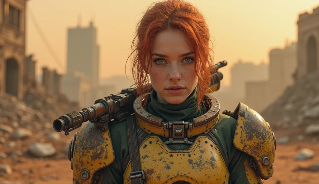 Create a digital art piece featuring Sweetie Fox in the Fallout universe. She stands at 5'5" with a slender yet strong build, sporting her iconic red hair tied back in a practical ponytail. Her piercing blue eyes exhibit a mixture of determination and vulnerability. Dressed in a modified Vault-Tec jumpsuit, she blends practicality with her unique flair, adding elements of her well-know fox cosplay – think pointed ears and subtle fox-like markings. She is armed with a laser rifle slung over her shoulder, and her belt is adorned with pouches and gadgets, ready to face the post-apocalyptic wasteland. The backdrop is a desolate landscape, with remnants of a ruined city behind her, capturing the eerie, yet intriguing essence of Fallout.