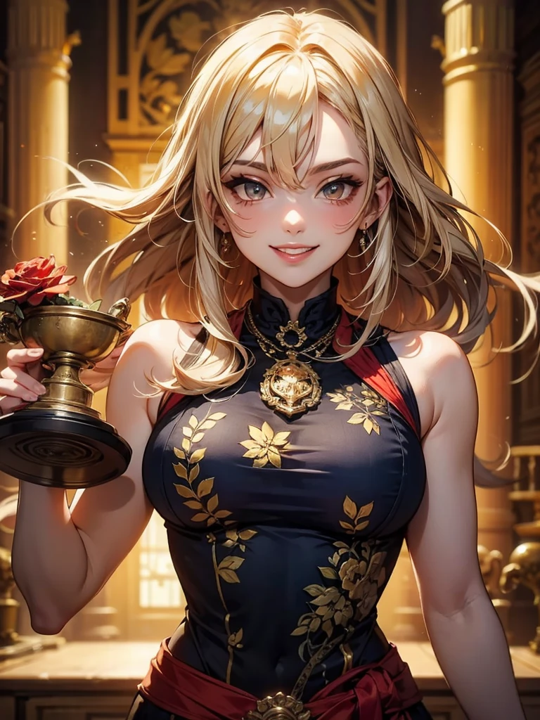 Illustration of smiling cat, cat girl, green short bob, green eyes, golden costume, golden necklace, golden bangle, golden ring, surrounded by luxurious jewels and treasures In the background, glittering jewels, gold coins, treasure chests and other treasures are drawn, and the cat girl is standing in the center. The cat girl is depicted with a happy expression and a luxurious appearance surrounded by money and goods. masterpieces, high quality, piles of gold nuggets, a large amount of golden coins, golden accessories, mountains of golden treasures, golden chambers,