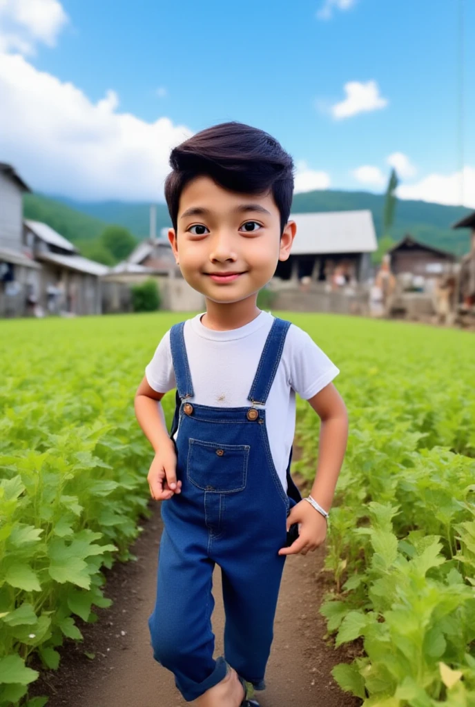 There was a little boy standing in the field with a cell phone, jinyiwei, Li Zixin, 2 years old, idyllic and fruitful land, yintion j - jiang geping, xintong chen, kid, qiangshu, ruan jia beautiful!, zmonzheng, ruanjia, bian luan, inspired by Zhang Zongcang
