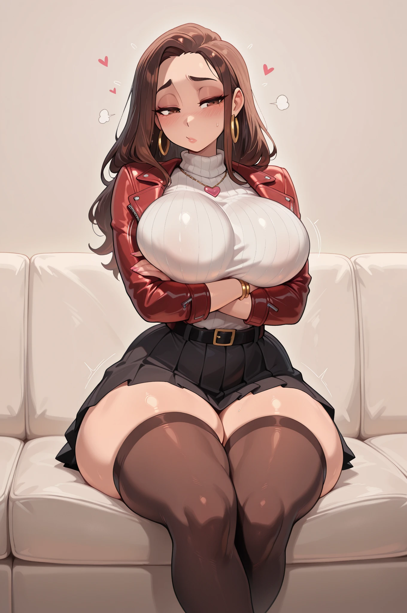 Amazing portrait of a sexy woman with a beautiful face and perfect hair wearing amazing makeup and seductively gazing and blushing intensely being ready to kiss wearing a long oversized sweater as she's sitting comfortably on couch near a window with natural light beaming through window showcasing her beautiful face as she's seductively gazing at us very seductively