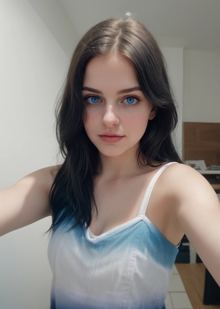 Billie Eilish with a blue escort shirt and jeans posing in bed. looking to the camera, blue eyes simétricos 24 años, con blue eyes, sexy look at the camera, wavy brown hair, long brown hair, portrait billie eilish , bonitos blue eyes, Pretty lips, chica sexy con blue eyes, con blue eyes brillantes, billie eilish singer, Instagram Template, intense blue eyes, blue eyes, fascinantes blue eyes, pretty girl, clear skin, billie eilish woman