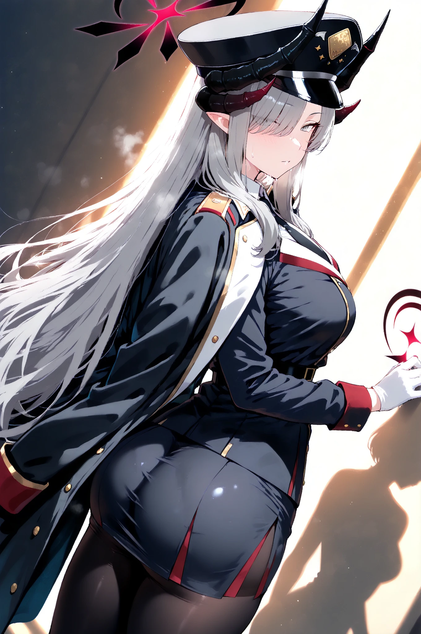tall athletic adult woman with (white neko ears), and long white hair with colorful holofoil details, she has a mature (human face) with bright blue eyes and a serious thoughtful expression, BREAK fully clothed with a long coat, a hat (between her white cat ears), and a formal navy dress uniform that covers her strong thighs BREAK standing in a battlefield trench with a dynamic pose, calling out orders to her cyborg knights with a dramatic gesture, absurdes, extremely detailed face and eyes, 4k, dynamic shadows
