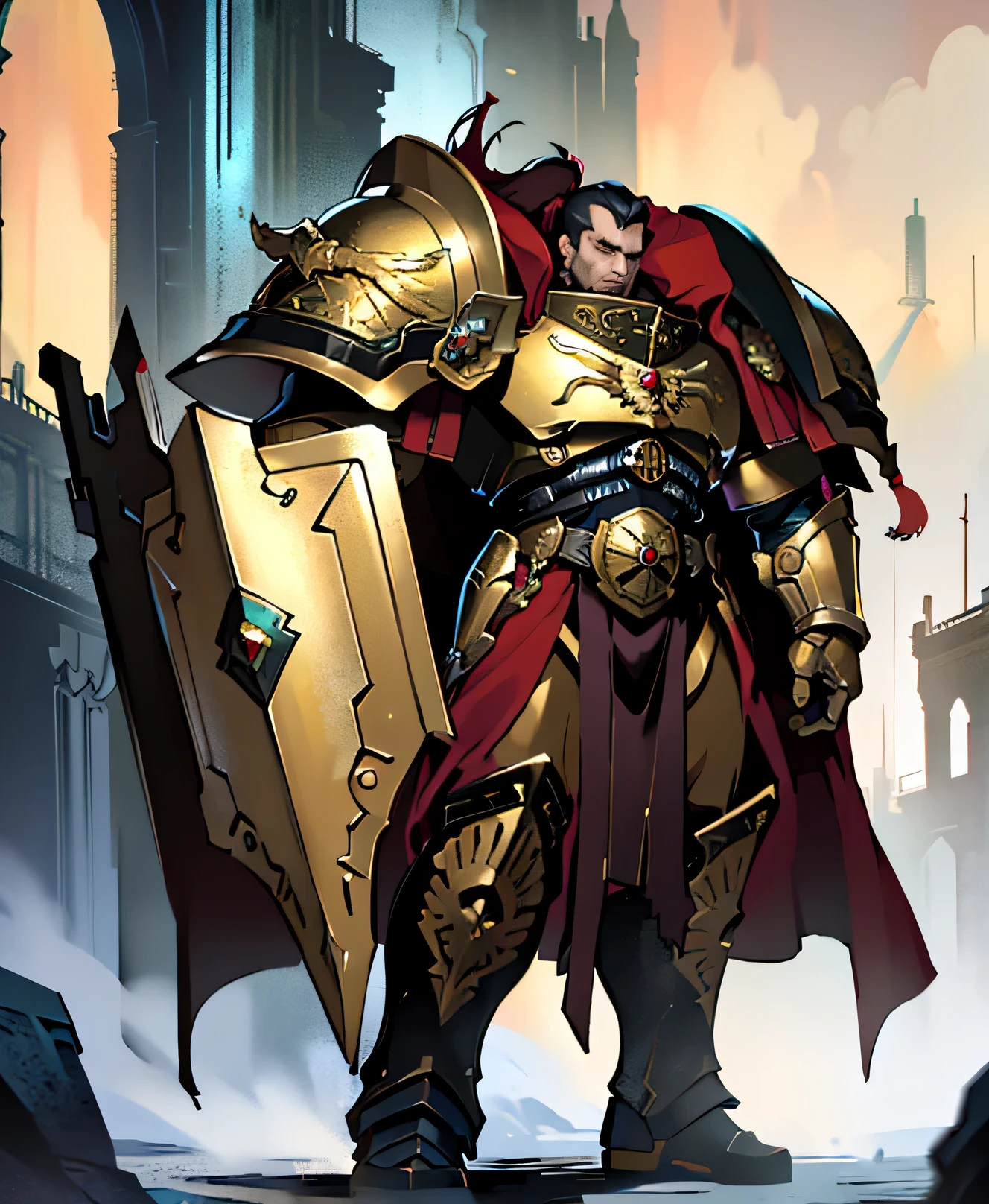 ((Best quality)), ((masterpiece)), ((realistic cartoon)), ((perfect character)):
In this stunning and highly detailed realistic cartoon, we present a male human. The man stands tall, a middle-aged man, and he's from Warhammer 40K, and powerfully built, height 321 cm, he has tan skin, and long black hair. he had royal golden eyes, wore a dark grey and gold tim Saturnine Terminator Armour, with a red cloak behind his back, he carried a hammer and shield, and had a strong balanced muscle body.
Every element of this masterpiece is carefully designed to create a sense of realism and immersion. The intricacies of the man's clothing, the mesmerizing effects of the area around him and he was in a landscape in winter season on war, and the level of detail in his weathered face all contribute to a captivating visual experience. This artwork is presented in stunning UHD resolution, allowing you to appreciate every nuance and intricacy in breathtaking detail.
Eye level, scenic, masterpiece.