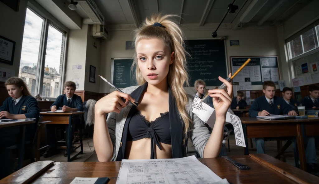 (masterpiece), best quality, very detailed face, ((old man wearing a black suit suit suit stands beside)) (((nude naked young teen white girl who wears colorful tribal body paint and frowns and has short blond bob hair and green headband and holds a banana))) and has blue eye and medium breast and nipple and thigh and tribal necklace and earring and tribal bracelet, standing in classroom, classroom, modern art on wall, crowd of old men in blue suits in the background, 