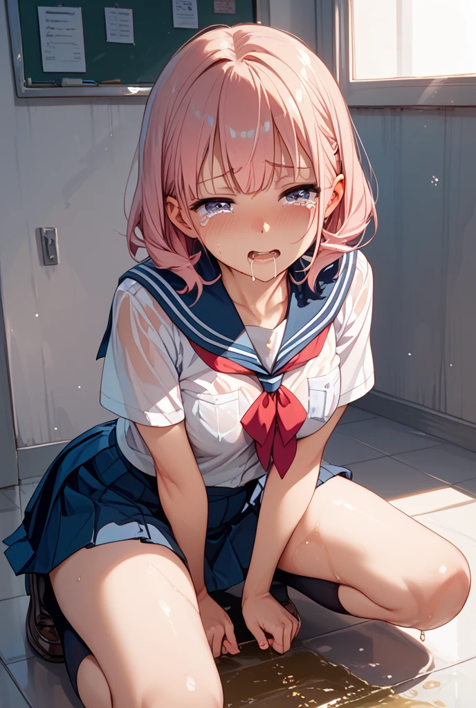 (throw_hand, pink vibrator remote switch in throw_hand, throw:1.2), highest quality, Super detailed, masterpiece, Ultra-high resolution, 8k, Ridiculous, Cowboy Shooting, Blurred, One girl, Focus on the girl, Embarrassing, blush, Lovely, close your eyes, With tears in her eyes and her mouth open, What saliva leaves behind, Wet skirt hem, Sticky panties, Bulging of the vibrator cord, Vibrator with Garters, Sailor suit, horn, medium breasts, cleavage
