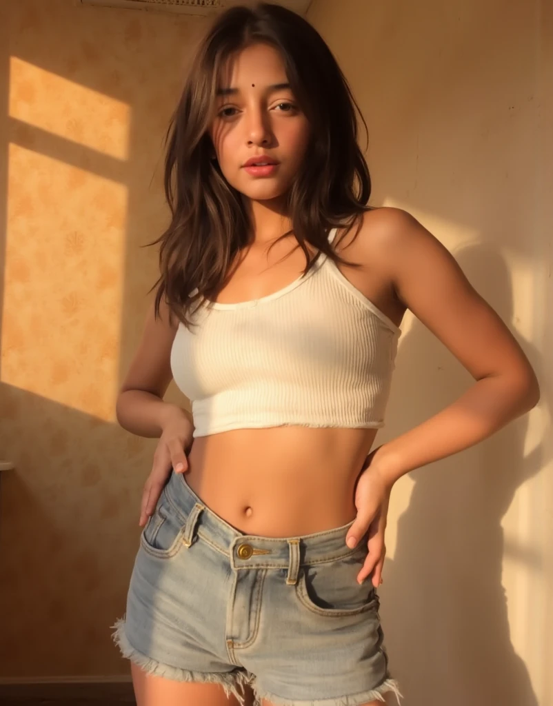 Una hermosa chica de al lado sin esfuerzo con una falda corta blanca con una blusa roja y en el fondo una pared blanca, (feliz y emocionada), vaqueros, Fotorrealista, de cuerpo completo, Hiperrealismo, La mejor calidad, (Textura natural de la piel, Cara altamente detallada), Obra maestra, foco nítido, absurdos