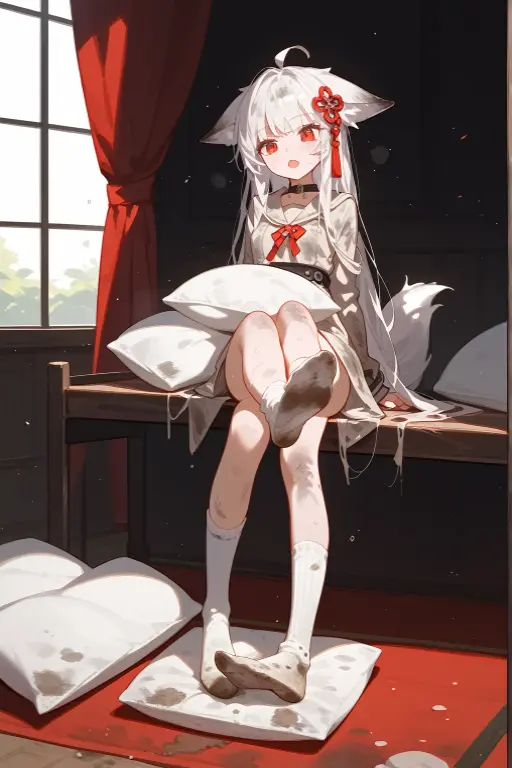 1 girl,dirty,foot,foot底,Red Eyes，breast,solitary,Long hair,White hair,,foot趾,foot部焦点,Looking at the audience,sit,Sweat,open mouth,dirty foot,Keep,indoor,Pillow,Bangs，White knee socks，Fox ears，There&#39;foot的泥土，White clothes，kimono，Japanese style，dirtyPillow，dirty床，女孩周围堆满Pillow，女孩踩踏2着Pillow，大量Pillow，Pillow上肮脏，,(Deluxe Rococo Canopy King Bed),On a big and spacious bed,(),,,,Luxurious curtains with ornate ruffles and ribbons surround the bed,((((There are many pillows piled on the bed)))),Detail of Quilt,Detailed bed sheets