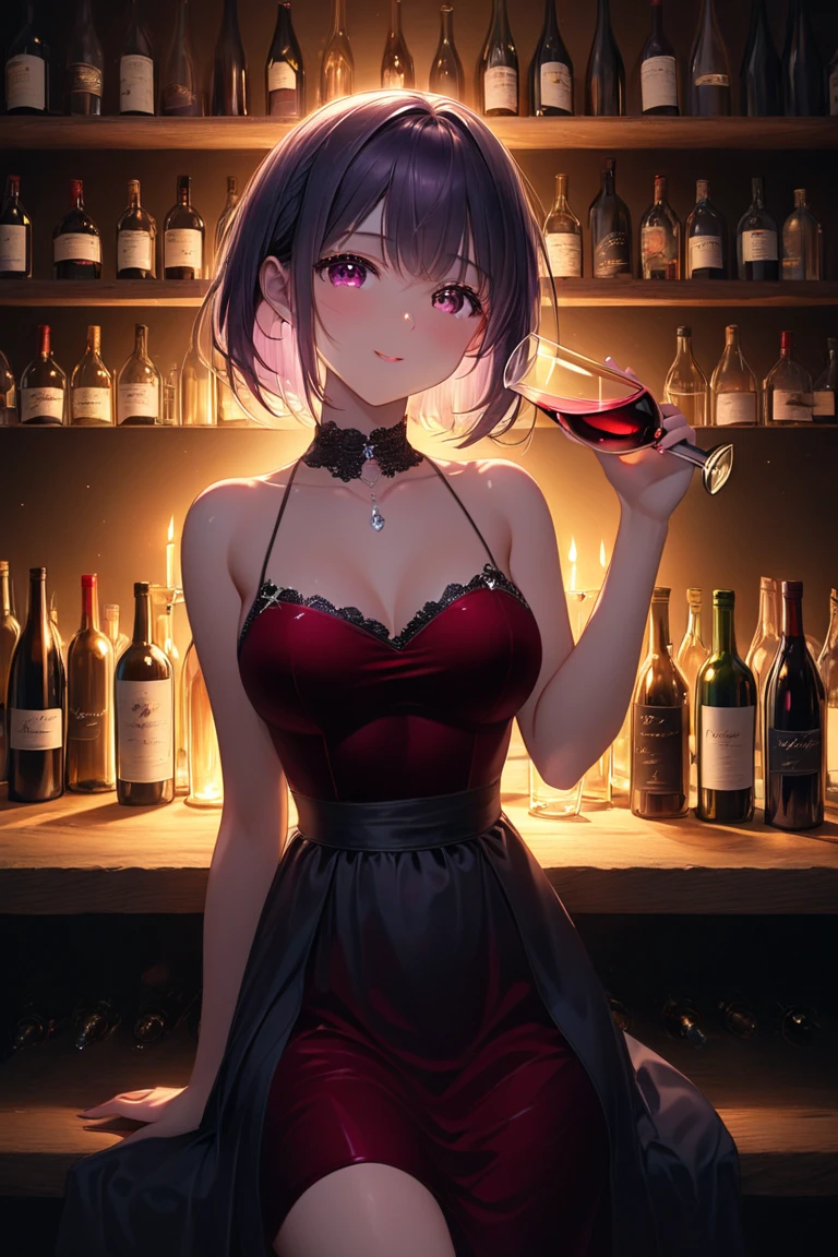 masterpiece), (best quality), (Clear focus), (Depth of Field), (woman): Solitary, (Perfect face), (Detailed clothing), (Busty),(Sad expression), beautiful woman, blue eyes, whole body, black hair, Slightly curly long hair, (Black sexy dress) (((((Night scene background))))), (((at the bar))), wine, whiskey, High ball,(Shiny and glowing, Effect:1.2)，(best quality, 4K, high resolution, masterpiece:1.2, Extremely detailed），Large Breasts,30 years old girl,独奏,black hair,long hair,blue eyes,(drunk,blush),sitting,drinking,((Mature sexy body))，Black stockings，Black tight skirt, Mature sexy body,holding mug,counter,pub,(Fashion bar) indoors, ((Cocktail Glass) Full of colorful wine), (dimly light room), Wine Bottle, Detailed background