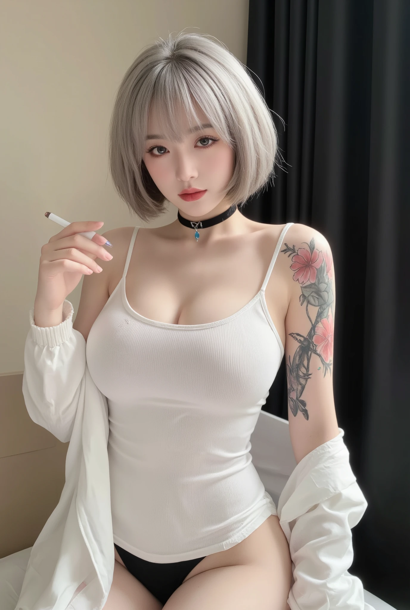 ((A stunning anime-style female character with short silvery-grey hair, a darker shade at the back, and thick bangs that partially cover her forehead)). Sharp eyes with fine eyeliner, soft red lips holding a white cigarette, (cleavage, large breasts, fuller body). She is wearing a tight, transparent white tank top (slightly lifted up), revealing a black bra underneath, and a loose white outer that falls off her shoulder. A black necklace with a blue crystal pendant around her neck. Her skin is smooth and pale, illuminated by soft side lighting. ((Large, detailed flower tattoos in red and pink with dark branches on her right shoulder, full right arm, upper chest, and right side of her waist)). She is posing with one arm raised casually. Minimalist background with a beige wall on the left and dark curtains on the right, high detail, realistic shadows, soft shading.