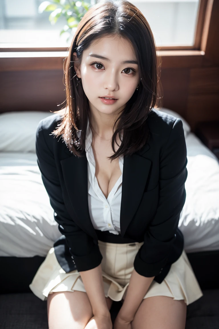 absurdres, RAW photo, extremely delicate and beautiful, masterpiece, Best Quality, ultra high resolution, 16k, hyperrealistic, ultra-detailed, perfect anatomy, super Detailed skin, perfect figure, Very detailed CG 8k wallpaper, in her 20s, very Slim body, narrow waist, very small head, very small face, delicate facial features, tearful mole, earring, thin legs, ((very huge round breasts)), full body shot, 1 girls, shorter middle hair, wavy hair, ((office lady suit)), blazer, wet, bed,
